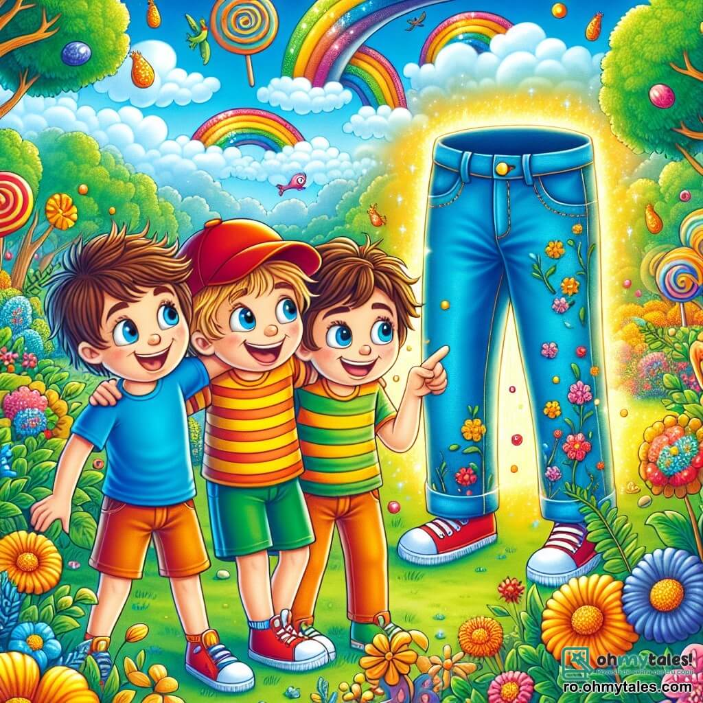 Trei băieți, Andrei (10 ani, cu părul castaniu și un tricou albastru și pantaloni scurți verzi), Alex (9 ani, cu părul blond, purtând o șapcă roșie și un tricou cu dungi) și Radu (10 ani, cu părul șaten, îmbrăcat într-un tricou portocaliu și blugi), stau împreună într-un parc însorit, înconjurați de flori colorate și copaci cu frunze strălucitoare. În centrul imaginii, un pantalon uriaș, Pantalonel, cu modele colorate și aripi strălucitoare, plutește vesel în aer, atrăgând atenția băieților. Parcul este plin de verdeață luxuriantă, cu nori în formă de bomboane într-un cer albastru strălucitor, iar păsările cu pene multicolore cântă vesel. Băieții râd și arată spre Pantalonel, care începe să danseze în aer, în timp ce o lumină aurie luminează scena, creând o atmosferă magică și jucăușă.