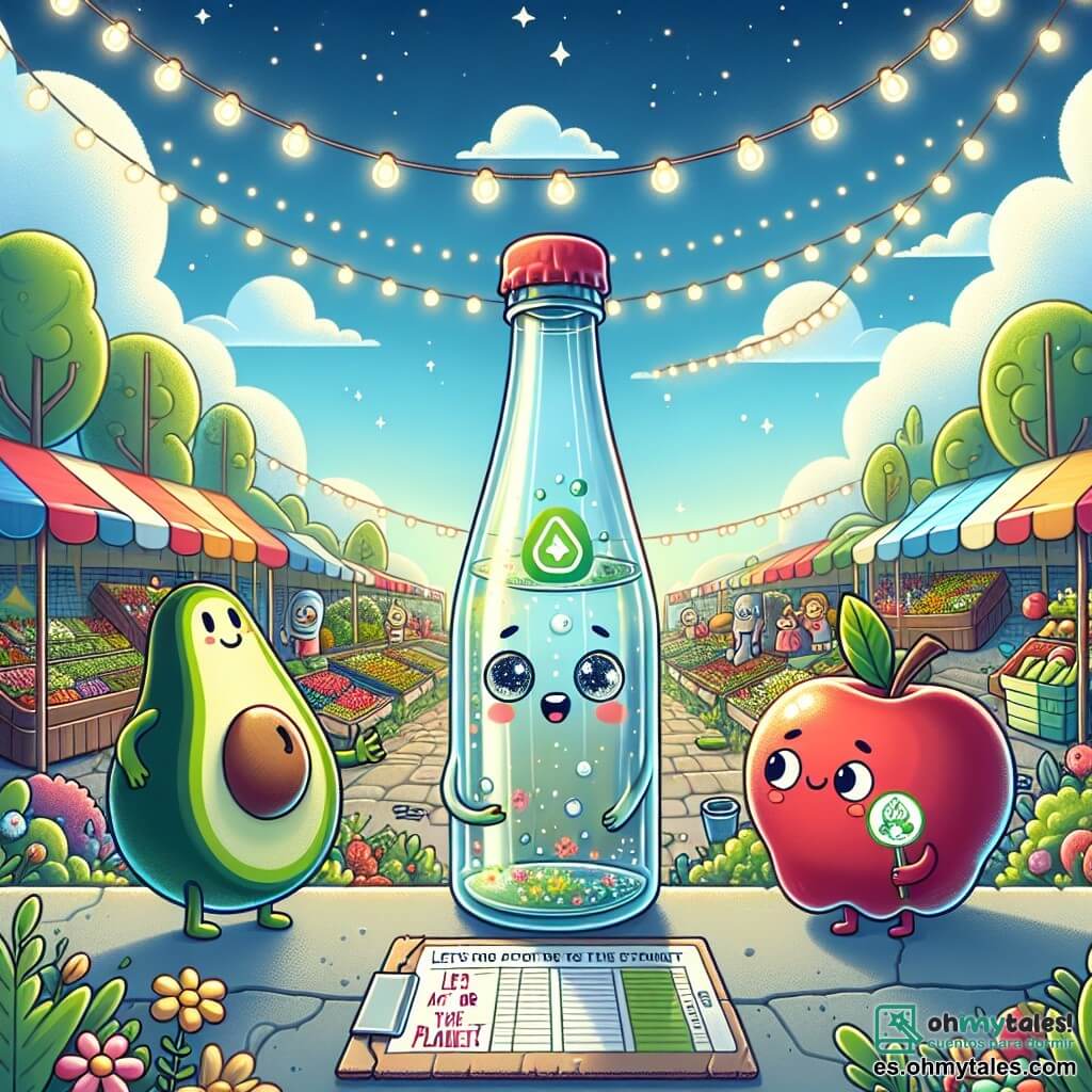 Un pequeño personaje en forma de botella de vidrio, con una sonrisa radiante y ojos brillantes, se encuentra en el centro de la imagen, mirando con curiosidad un jardín colorido lleno de flores y plantas verdes. A su derecha, una manzana roja brillante, con mejillas rosadas y un aire decidido, está de pie en una estantería, hablando con entusiasmo, mientras que a su izquierda, un aguacate verde, de rostro amigable y ojos redondos, observa con una mirada reflexiva, sosteniendo un pequeño cartel de cartón reciclado que dice "¡Actuemos por el planeta!". El decorado es un mercado animado, con puestos de frutas y verduras coloridas, guirnaldas de luces colgando arriba, y un cielo azul claro salpicado de nubes blancas, creando una atmósfera alegre y acogedora. La situación principal muestra al personaje principal, la botella, compartiendo su entusiasmo con sus amigos para proteger el medio ambiente, mientras planifican juntos acciones para mejorar su comunidad.