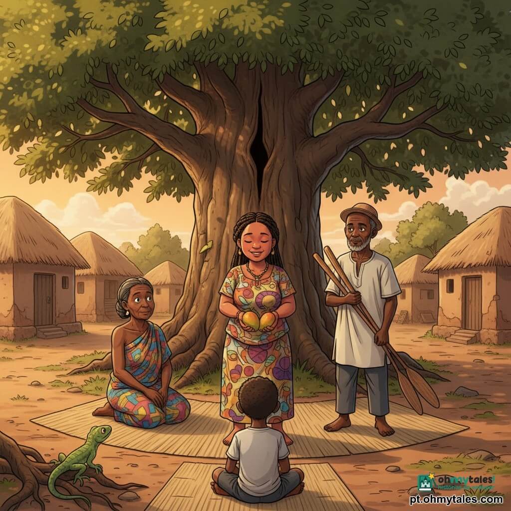 Sali, mulher de ~30 anos, rosto redondo e expressivo, pele cor de terra vermelha, cabelos trançados em coroa, sorri suavemente e estende duas mangas quase idênticas ao centro do círculo. Dona Kena, idosa (~60), pele morena, vestida com pagne, sentada à esquerda numa esteira, observa a manga com surpresa e ternura. Tio Bamba, homem idoso (~65), barba curta grisalha e chapéu simples, em pé à direita com um feixe de ramos, tem a expressão suavizada ao olhar Sali. Um menino de ~8 anos, cabelo crespo curto, olhos brilhantes, sentado em primeiro plano numa esteira, observa curioso com leve sorriso. Um pequeno lagarto verde numa raiz da grande mangueira olha para Sali como em aprovação. Lugar: praça da aldeia sob uma mangueira antiga de tronco largo e fenda, folhas densas filtrando a luz dourada do crepúsculo, esteiras dispostas em círculo e casas de terra com telhado de palha ao fundo. Situação principal: Sali oferece duas mangas idênticas no centro do conselho como gesto de partilha e reconciliação; atmosfera acolhedora ao pôr do sol, cores quentes (ocre, laranja, verde profundo), sombras longas e expressões serenas.