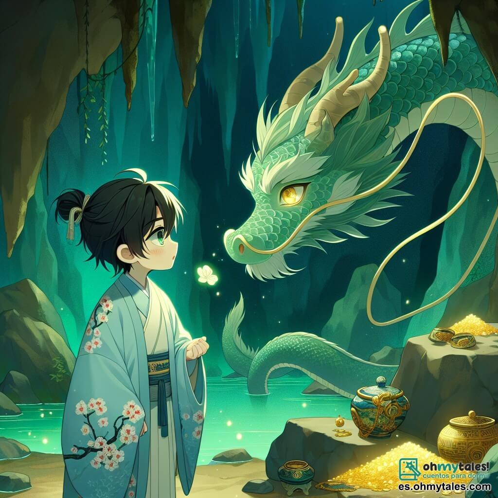 Haruto es un joven de unos 12 años, con cabello negro y ojos llenos de curiosidad. Lleva un kimono tradicional azul claro, adornado con motivos de cerezos en flor, y muestra una expresión de asombro mientras se encuentra frente al majestuoso Dragón de Jade. Este dragón es una criatura impresionante, con escamas brillantes de un verde esmeralda, ojos dorados y largas barbas flotantes. Está enrollado alrededor de una roca, mirando a Haruto con benevolencia, como si estuviera listo para compartir su sabiduría. El lugar es una cueva oculta en la cima de una montaña, iluminada por una suave luz verde que se refleja en las paredes rocosas. Tesoros olvidados, como monedas de oro y joyas brillantes, están esparcidos a su alrededor, creando una atmósfera mágica. La escena principal muestra a Haruto, asombrado, acercándose al Dragón de Jade, que se prepara para transmitirle lecciones de sabiduría, mientras la luz verde envuelve la escena, añadiendo un toque de misterio y magia.