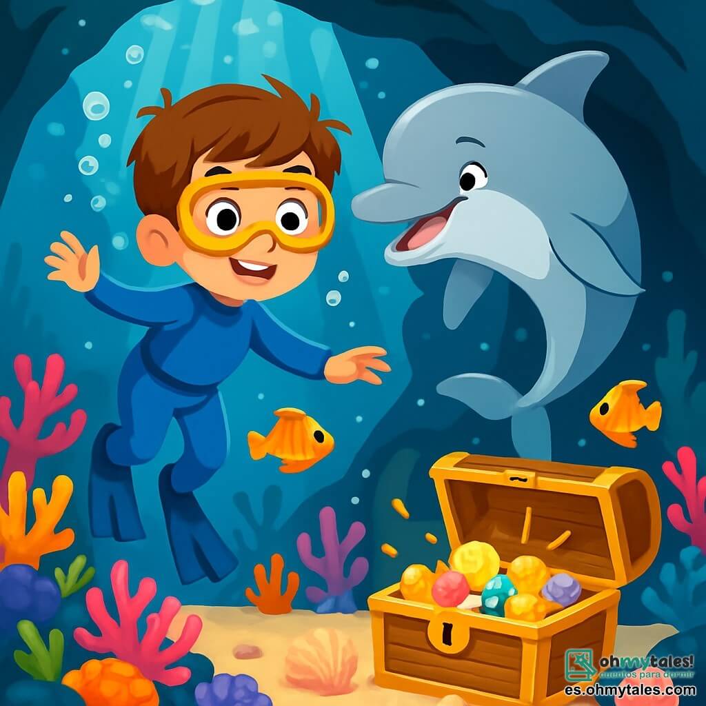 Un niño de 8 años, llamado Pablo, con cabello castaño y ojos llenos de curiosidad, nada alegremente bajo el agua, su traje de buceo azul brilla a la luz. Su rostro expresa asombro y alegría mientras explora un fascinante mundo submarino. A su lado, Luna, una delfín graciosa, tiene una piel suave y plateada, y sonríe mientras juega con Pablo, animándolo a descubrir las maravillas del océano. Ella hace piruetas a su alrededor, creando salpicaduras de agua. El escenario es un hermoso arrecife de coral, lleno de corales coloridos en tonos vivos de rosa, naranja y violeta, donde peces tropicales de colores brillantes nadan en armonía. Rayos de luz filtran a través de la superficie del agua, iluminando el paisaje submarino. La situación principal muestra a Pablo y Luna explorando juntos un tesoro escondido en el fondo de una cueva submarina, rodeados de conchas brillantes y piedras preciosas, mientras burbujas de aire flotan a su alrededor, añadiendo un toque de magia a su aventura.