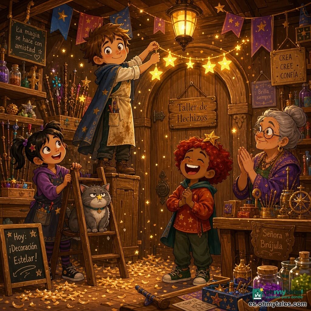 Leo, aprendiz de mago de 10 años, tímido pero sonriente, cabello castaño claro despeinado, ojos avellana, con pequeña capa azul y delantal manchado, sube a una caja de madera para colgar una guirnalda de estrellas; Mina, ~10 años, cabello negro en coletas y mirada traviesa, sujeta la escalera lista para ayudar; Tomás, ~10 años, pelirrojo y risueño, lleva una pequeña estrella sobre la cabeza como sombrero junto a la puerta; la señora Brújula, mujer de unos 60 años con moño gris y gafas redondas, observa orgullosa detrás de un banco de trabajo; un gato gris y regordete está en el primer peldaño con una estrella en la nariz; taller cálido de madera con estanterías de varitas, frascos de ingredientes, virutas doradas en el suelo, guirnaldas y una lámpara que emite luz amarilla; momento festivo: Leo cuelga la guirnalda sobre la puerta, las estrellas brillan suavemente, algunas virutas se levantan como pequeños pollitos dorados danzantes y los amigos aplauden en una atmósfera alegre y encantada.