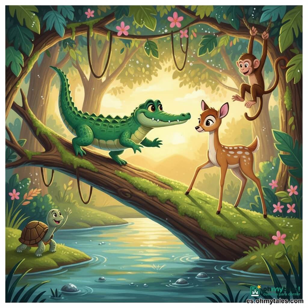 Un cocodrilo llamado Cosme, sonriente y valiente, de escamas verde esmeralda y ojos grandes y suaves, avanza con cuidado sobre un tronco cubierto de musgo apoyando la cola; una cierva llamada Lila, delgada y esperanzada, de pelaje beige con manchas blancas, pone una pata en el tronco, confiada y emocionada; una tortuga Tomasa, pequeña y anciana, con caparazón pardo a rayas, está en la orilla agitando una pata en ánimo a la izquierda; un mono Matías cuelga travieso de una rama a la derecha sujetando una liana y observando; el lugar es un puente natural: un tronco caído sobre un arroyo azul verdoso, rodeado de árboles de hojas grandes, flores rosas y hojas brillantes; el agua refleja el cielo dorado del atardecer con destellos plateados y burbujas tranquilas; atmósfera suave y segura, luz cálida de tarde, texturas de pintura acrílica con pinceladas marcadas, composición centrada en el tronco en diagonal, gestos de ayuda y miradas bondadosas.