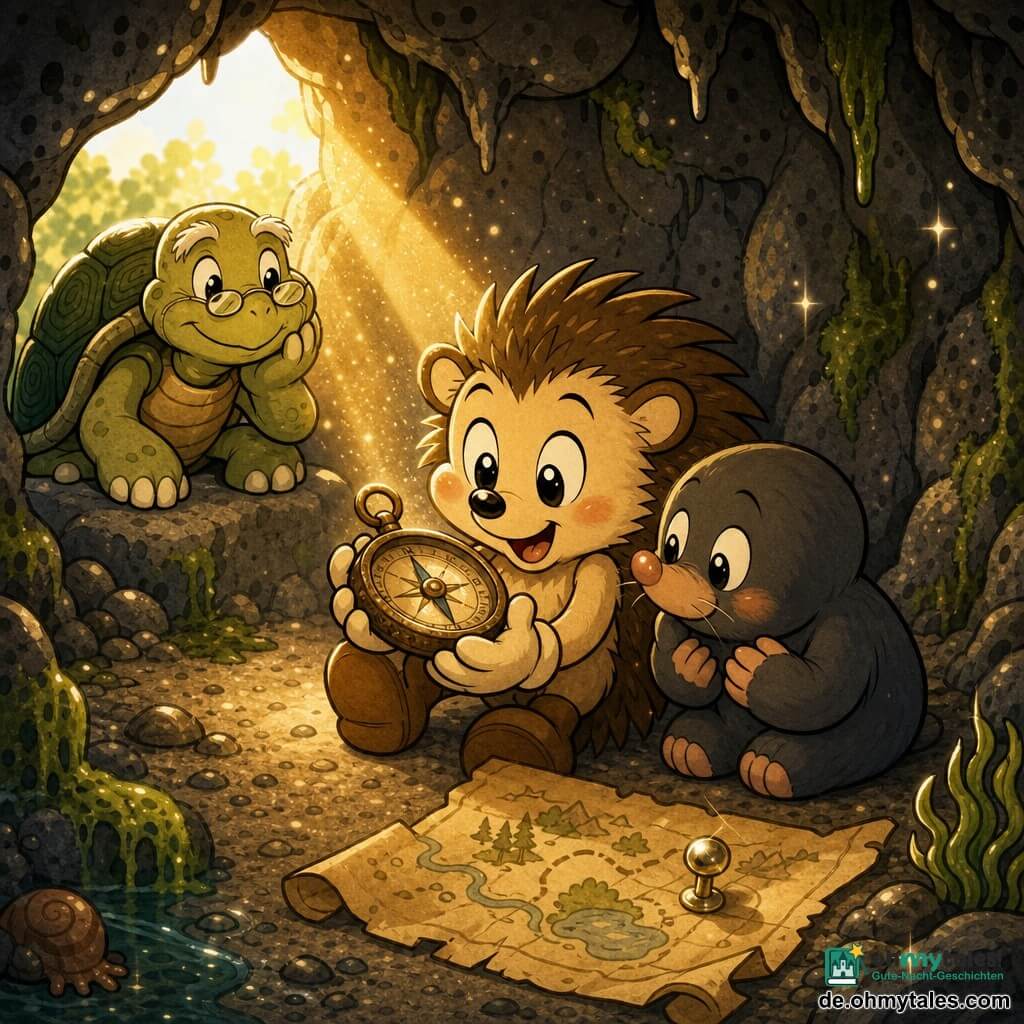Ein kleiner anthropomorpher Igel (Kind) namens Finn, erstaunt und mit glänzenden runden Augen und geröteten Wangen, hellbraunes Fell mit deutlich gezeichneten Spitzen, hält vorsichtig eine rostige Kompassuhr in seinen Pfoten und lächelt schüchtern, daneben eine rundliche, neugierige und leicht zitternde Maulwurf-Kleinfigur mit weichem grauem Fell kuschelt sich an ihn und blickt ebenfalls auf den Kompass; eine alte Schildkröte (Marta) mit strukturierter grüner Panzerung und weisen Augen sitzt am Eingang der kleinen, einladenden Höhle auf einem Stein und beobachtet wohlwollend, die Höhle hat gesprenkelte Steinwände, grüne Moosbüschel, Algen und feinen Sand, eine kleine Öffnung lässt goldenes Licht herein; am Boden liegt eine alte, aufgerollte Karte aus vergilbtem Papier mit einfachen Zeichnungen und einer metallischen Nadel, Lichtstrahlen und schwebender Staub erzeugen eine warme Entdeckungsstimmung in warmen Gelb-, Grün- und Brauntönen, klare Texturen, sanfte Formen, zentrierte Komposition, verspielter, weicher Stil mit dicken Linien und beruhigenden Lächeln.