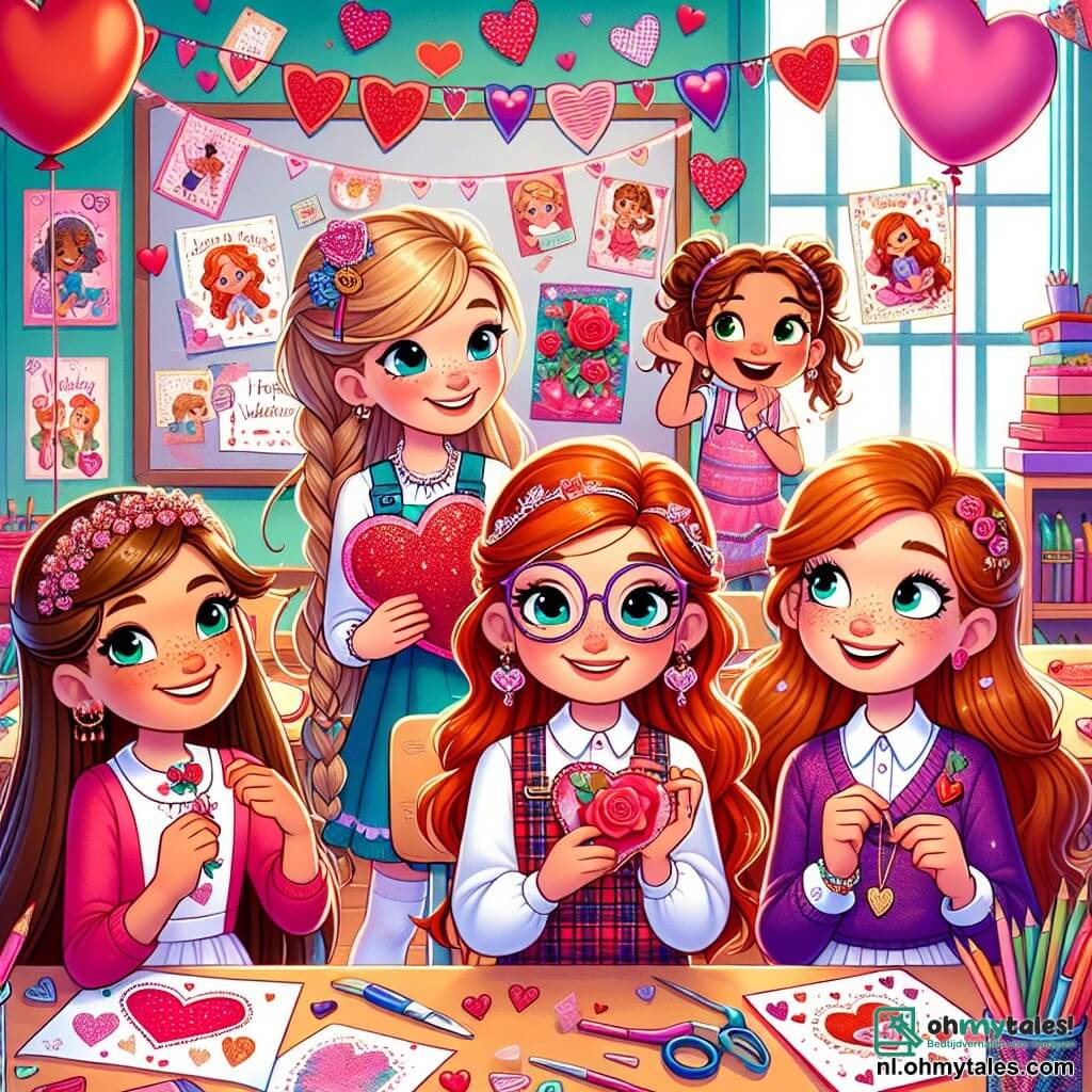 In een kleurrijk klaslokaal staan vier meisjes van 10 jaar samen. Lotte, met lang bruin haar en een bril, glimlacht terwijl ze een hartvormige kaart met glitters vasthoudt. Naast haar kijkt Fleur, een klein meisje met blonde vlechten, enthousiast naar een rozenkaart. Emma, met rood haar en sproeten, lacht terwijl ze een schaar vasthoudt, klaar om papier te knippen. Tot slot houdt Sophie, met kastanjebruin haar en een mooie haarband, een mysterieuze brief vast die ze net heeft gevonden. Het klaslokaal is versierd met rode en roze hartjes, met zwevende ballonnen aan het plafond. De bureaus zijn vol met kleurrijke schoolspullen, en een grote Valentijnsaffiche hangt aan de muur. De meisjes zijn bezig met het plannen van een geheim plan om hun vriend Max, een jongen met bruin haar en sprankelende ogen, te helpen ontdekken wie de mysterieuze J. is die hem een liefdesbrief heeft geschreven. Ze zijn allemaal enthousiast en vastbesloten om een mooie verrassing voor hem te creëren.