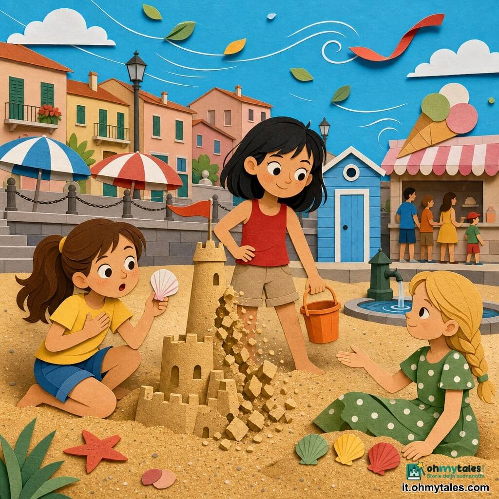 Ci sono tre bambine: Sara (circa 9 anni) capelli castani raccolti in coda, maglietta gialla e short blu, accovacciata a sinistra vicino al castello con una conchiglia bianca a banda rosa e mano sul petto; Marta (circa 10 anni) capelli neri a caschetto, canottiera rossa e bermuda beige, al centro in piedi con un secchiello arancione, sorride guardando il castello crollato; Lea (circa 9 anni) capelli biondi intrecciati, vestito verde a pois, a destra seduta nella sabbia mostrando tre conchiglie (verde, gialla, rossa). Spiaggia urbana tra un lungomare lastricato e palazzine pastello, sabbia dorata, ombrelloni colorati, una cabina azzurro cielo, un chiosco di gelati con fila e una piccola pompa che manda onde leggere; cielo pomeridiano con vento reso da segni bianchi. Situazione: un castello di sabbia con torre alta e bandierina di carta che vola, la torre si sfalda da un lato con granelli illustrati e pezzi che cadono lentamente; il vento è mostrato con nastri bianchi e foglietti; Sara respira profondamente mentre le altre iniziano a trasformare la torre crollata in una grotta; stile con palette calde e contrastate, texture di carta strappata per la sabbia, ombre nette e contorni ritagliati.