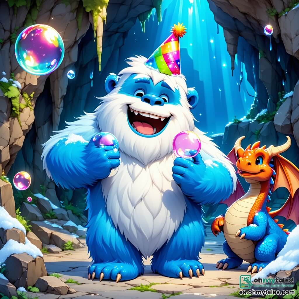 Un yeti alegre y peludo, con un pelaje blanco como la nieve y ojos chispeantes de travesura, se encuentra en el centro de la escena, riendo a carcajadas. Lleva un sombrero de fiesta colorido y sostiene una gran burbuja de jabón en sus manos, listo para hacerla estallar. A su lado, un dragón simpático con escamas multicolores, grandes ojos redondos y una sonrisa cálida, sopla burbujas de chicle que flotan a su alrededor. La escena ocurre en una cueva mágica, con paredes brillantes de colores vivos, donde destellos de luz bailan en las paredes. Estalactitas en forma de caramelos cuelgan del techo, y el suelo está cubierto de hojas doradas y flores brillantes. La situación principal muestra al yeti y al dragón contando historias divertidas a un grupo de animales graciosos: un zorro con gafas, un mapache bailarín y un ratón pequeño en tutú, todos riendo y aplaudiendo, creando una atmósfera festiva y alegre.