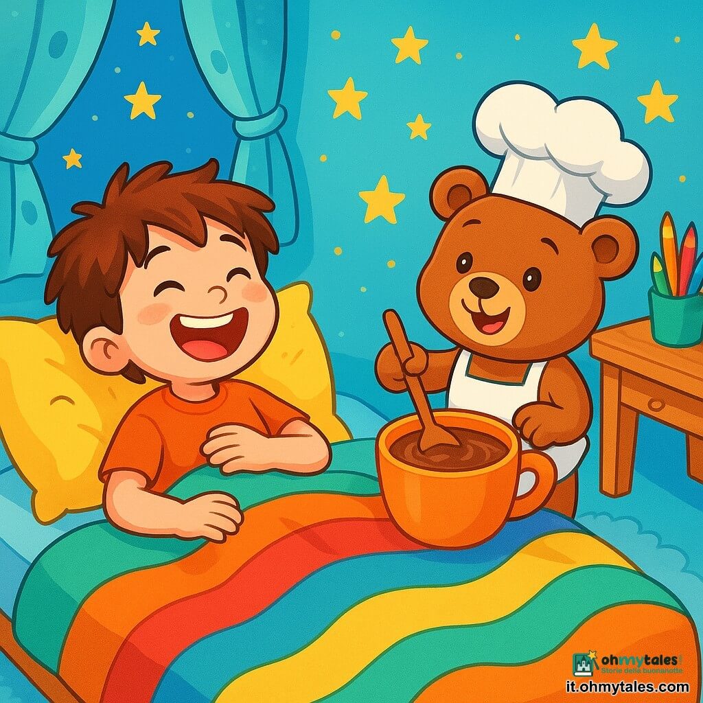 Un ragazzo di 6 anni, con i capelli castani in disordine e gli occhi pieni di curiosità, è sdraiato su un letto con lenzuola multicolori. Ride di gusto, le sue guance rosa e il suo sorriso luminoso illuminano il suo viso. Accanto a lui, il suo orsetto di peluche, vestito con un piccolo grembiule da chef, mescola allegramente una grande tazza di cioccolata calda, i suoi occhi brillanti di malizia. La scena si svolge in una camera magica, con le pareti dipinte di azzurro e decorate con stelle dorate che brillano. Il pavimento è coperto da un morbido tappeto, come una nuvola. Le tende fluttuano dolcemente, come ali di farfalla, e un piccolo scrittoio in legno è pieno di pastelli colorati. In questa situazione principale, il letto inizia a muoversi, facendo salti gioiosi, mentre il ragazzo scoppia a ridere, meravigliato da questa avventura notturna. Le lenzuola si animano e il cuscino, saltellando, canta una dolce melodia.