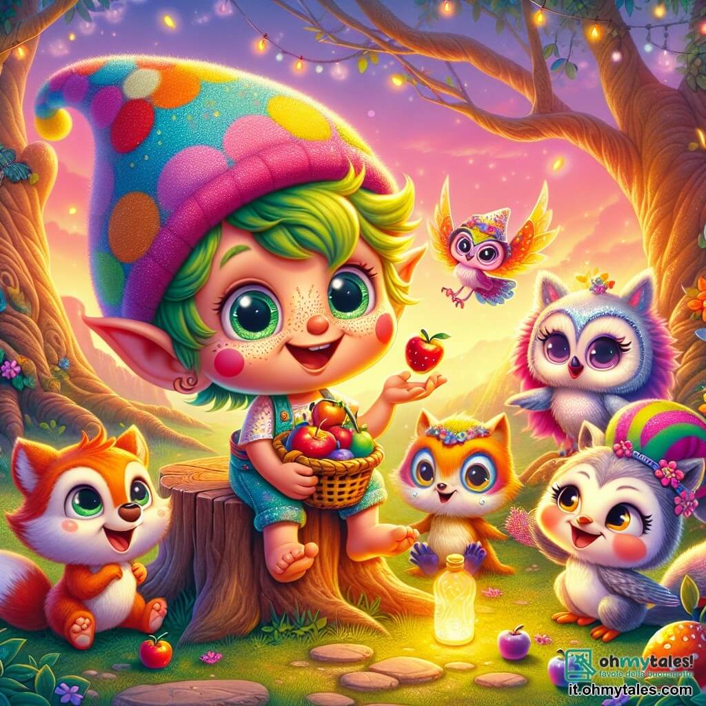 Un piccolo folletto di nome Lillo, con un grande sorriso e un cappello a pois colorati, è seduto su un ceppo d'albero, con gli occhi che brillano di eccitazione. Tiene un cestino pieno di frutti colorati, pronto a condividerli con i suoi amici. Accanto a lui, Becca, un'adorabile civetta con piume morbide e grandi occhi curiosi, sorride mentre prepara uno spuntino magico. I loro amici, Coco il ghiro e Zina la volpe, si trovano vicino a loro, ridendo e aspettando con impazienza il pasto. La scena si svolge in una radiosa radura del bosco incantato, circondata da alberi contorti e fiori brillanti che danzano al vento, con il cielo tinto di rosa e arancio al tramonto, creando un'atmosfera calda e gioiosa. Lillo e i suoi amici condividono un momento di felicità, ansiosi di rompere il digiuno insieme, circondati dalla magia della natura.