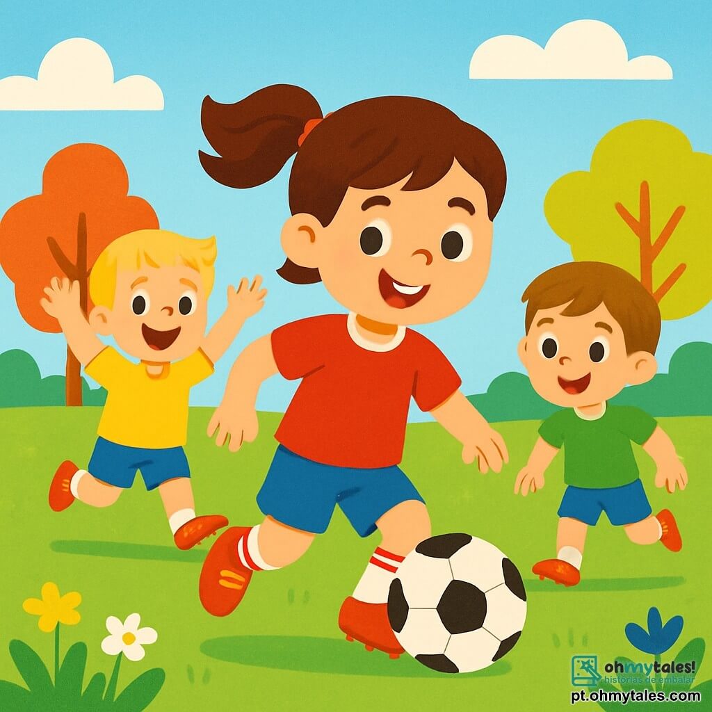 Uma menina, Maria, de cerca de 8 anos, sorridente e cheia de energia, veste uma camisa de futebol vermelha e um short azul. Ela está driblando a bola com agilidade, com seus cabelos castanhos presos em um rabo de cavalo que voa ao vento. Ao lado dela, um menino de 7 anos, Lucas, com cabelos loiros e olhos brilhantes, a incentiva levantando os braços, com um grande sorriso no rosto. Outro menino, Tom, de 6 anos, com cabelos castanhos, está correndo em direção à bola, pronto para receber um passe. A cena acontece em um campo de futebol verde, cercado por árvores coloridas e um céu azul brilhante, com flores silvestres ao redor, adicionando toques de amarelo e roxo. Maria, cheia de alegria e determinação, dribla a bola com entusiasmo, enquanto seus amigos a incentivam, criando uma atmosfera de camaradagem e diversão.