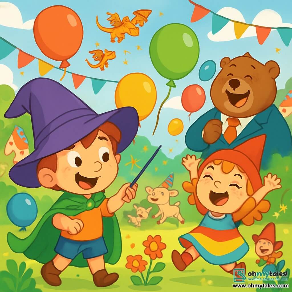 A 6-year-old boy named Marvin, wearing a large purple hat that falls over his sparkling mischievous eyes, is at the center of the image. He has a shiny green cape trailing behind him and an enthusiastic smile, his cheeks flushed with excitement. Next to him, Gilda, a little gnome girl with curly hair and a colorful dress, jumps for joy with her arms raised to the sky. She has a radiant face and bright, round eyes. In the background, Mayor Bear, a large bear in a suit, laughs heartily, surrounded by colorful balloons floating around him. The scene takes place in a lively square in Bumblebrook, adorned with bright garlands and singing flowers. Tiny dragons zigzag through the air, leaving behind sparkling glitter. In the distance, giggle-goats in party hats frolic joyfully, adding a touch of whimsy to the festive atmosphere. The main situation shows Marvin trying to make the balloons float with his magic wand, but instead, the balloons fly in all directions, causing laughter and joy among the Bumblebrook residents.