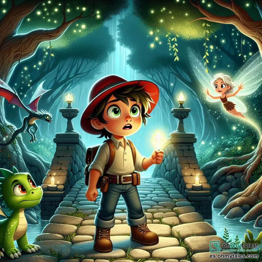Un niño de 8 años, Nico, con ojos llenos de curiosidad y una gorra roja, se encuentra en el centro de la imagen, sosteniendo un cristal brillante en sus manos. Su rostro expresa gran determinación y asombro, mientras está en un antiguo puente rodeado de criaturas mágicas. A su derecha, un pequeño dragón llamado Fuego, con escamas verdes y ojos brillantes, juega con una pequeña bola de fuego, admirando a Nico. A su izquierda, un hada de alas brillantes, vestida con un vestido de pétalos de flores, sonríe animándolo. El lugar es un puente de piedra viejo y desgastado que cruza un arroyo resplandeciente, con árboles de hojas luminosas a lo largo del camino y sombras misteriosas danzando a su alrededor, creando una atmósfera mágica. La situación principal muestra a Nico, listo para enfrentar una sombra amenazante al otro lado del puente, mientras la luz del cristal ilumina su rostro, revelando su valentía ante lo desconocido.
