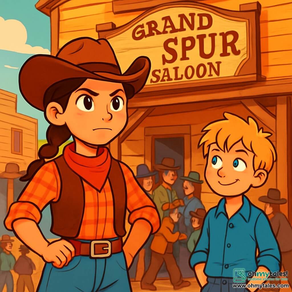 A young cowgirl, Rosa, stands proudly in front of the Grand Spur Saloon. She has brown hair in a braid, a cowboy hat on her head, and wears a red plaid shirt and a leather vest. Her face shows determination and boldness, with her eyes sparkling with courage. Next to her, Sam, a 12-year-old boy with messy blond hair and a mischievous smile, watches the scene with curiosity. He wears a blue shirt and canvas pants, with his hands in his jean pockets. In the background, the Grand Spur Saloon is a warm-colored wooden building with shuttered windows and a carved wooden sign. Cowboys and villagers gather around, creating a lively and festive atmosphere. Rosa, determined to stop a cheater from ruining the poker tournament, scans the crowd vigilantly, ready to act to protect her aunt and the saloon.