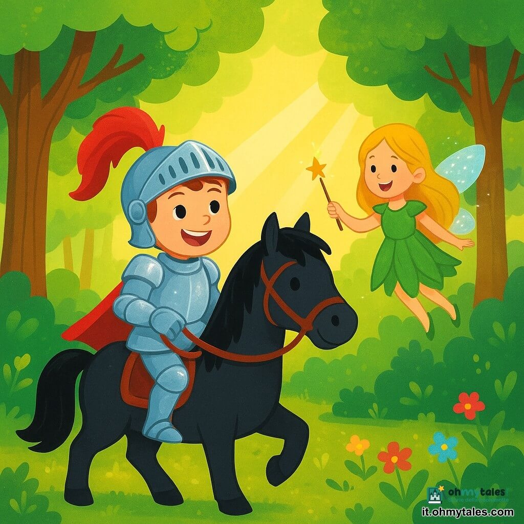 Un giovane cavaliere di nome Sir Leo, un ragazzo di circa 10 anni, indossa un'armatura brillante che scintilla al sole. Il suo volto esprime eccitazione e determinazione, con occhi vivaci e un ampio sorriso. È a cavallo di un cavallo nero dai crini setosi, che avanza con sicurezza in una foresta incantata. Vicino a lui, una piccola fata con ali scintillanti, di circa 8 anni, vola attorno a lui. Ha lunghi capelli dorati e indossa un vestito verde fatto di foglie. Sorride e indica una direzione con il suo bastone magico, guidando Sir Leo verso la Spada Magica. Il luogo è una foresta densa, con alberi maestosi e foglie di un verde brillante. I raggi di sole filtrano attraverso il fogliame, creando macchie luminose sul terreno coperto di fiori colorati e muschio morbido. La scena principale mostra Sir Leo che avanza coraggiosamente, pronto a scoprire il cammino verso la Spada Magica, mentre la fata lo incoraggia con entusiasmo.