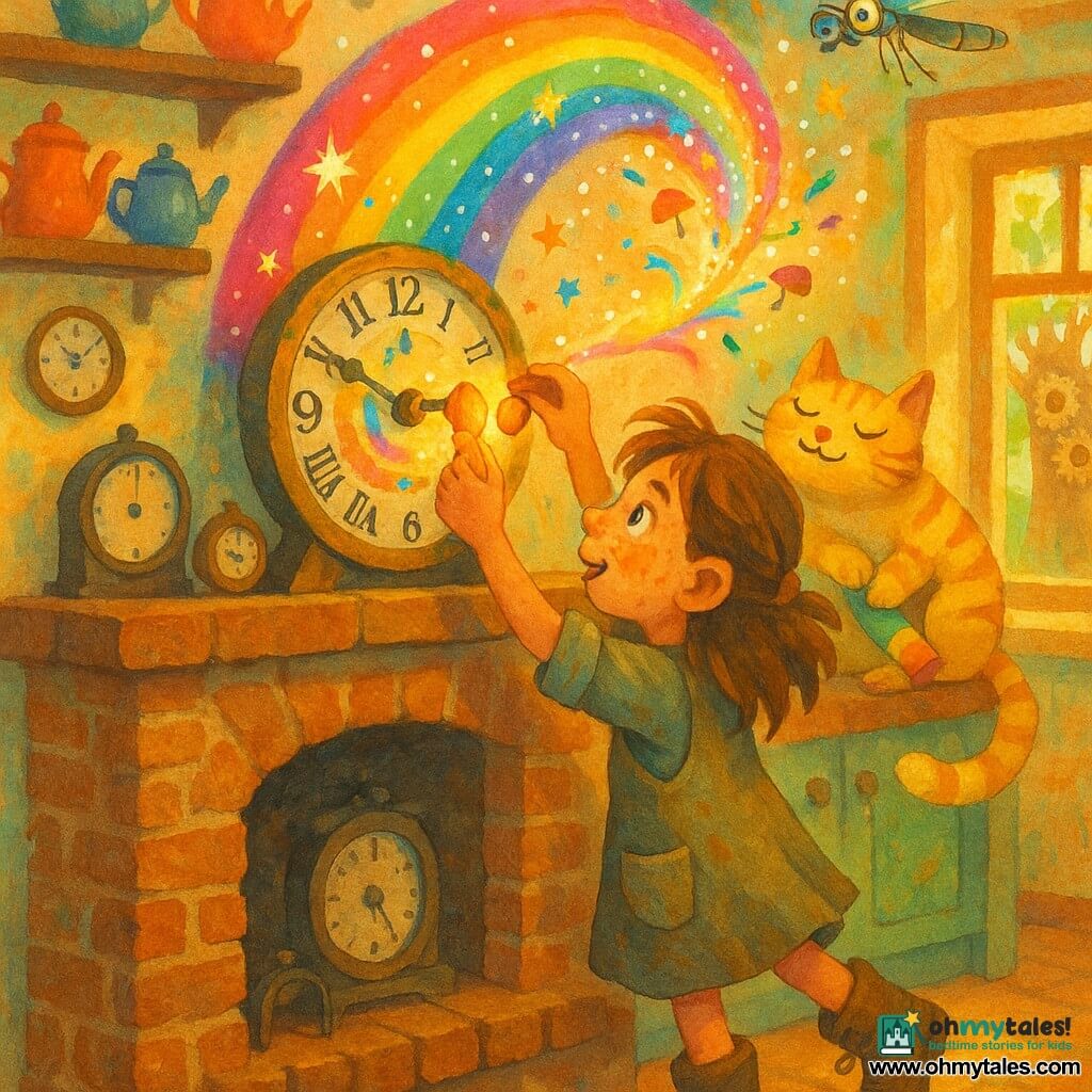 A determined, wide-eyed 10-year-old girl named Pip, freckled like little clouds with messy brown hair, stands on tiptoe in worn-pocket dress and muddy boots before an old rainbow clock on a mantel, inserting a small glowing acorn into its mechanism; a soft yellow-striped cat called Banana Cat purrs, holding a rainbow chalk between its paws on the mantel beside her, while a tiny monocle-wearing dragonfly hovers above, curious. The cozy kitchen-living room has color-shifting wallpaper, shelves of bright teapots, a collection of antique clocks and a window showing a tree whose bark contains gears; warm morning light pours in as the moment the acorn is inserted makes the clock spew shimmering confetti and whirl a red-orange-yellow-green-blue-indigo-violet vortex, with little mushrooms sprouting on the hands—playful fantasy mood, visible gouache textures, bold brushstrokes and a saturated palette.