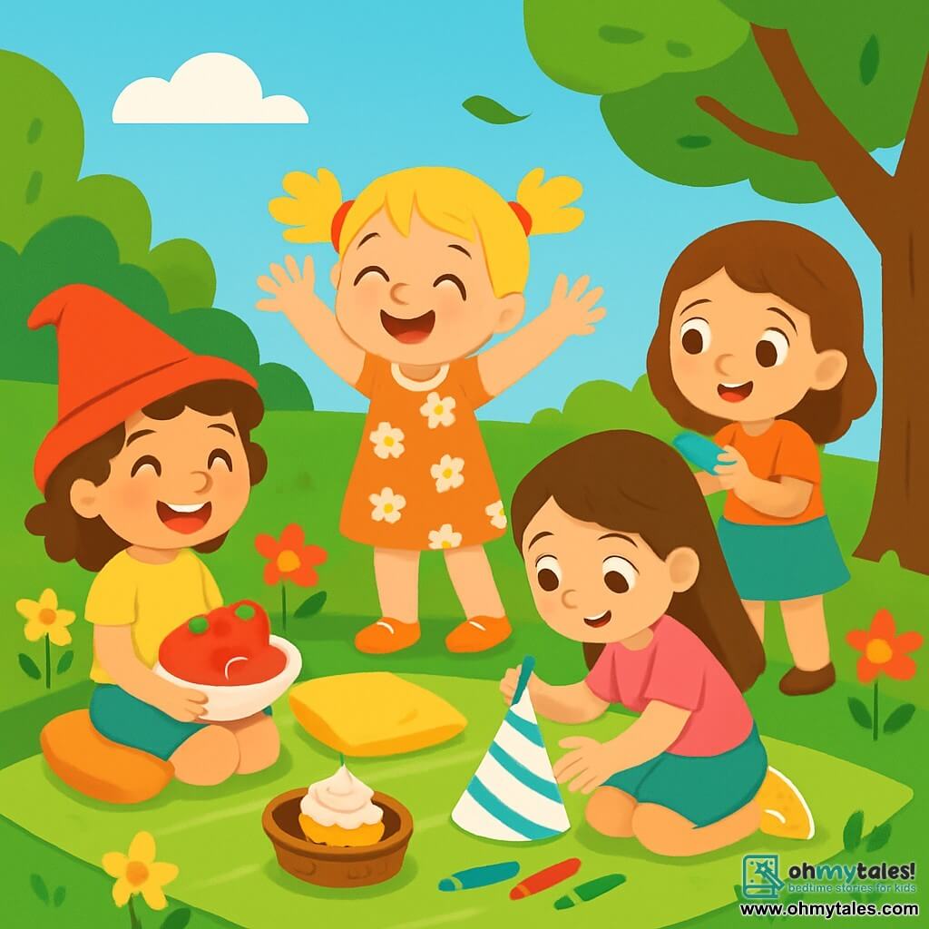 There are 4 children: Mia, a 6-year-old girl with a funny red hat, curly brown hair, and a big smile, sitting on a green blanket holding a plate of apples; Zoe, a 5-year-old girl with blonde pigtails and a floral dress, standing and laughing with her arms raised; Lily, a 6-year-old girl with sparkling shoes and long hair, crouching and decorating a paper hat with colored crayons; and Emma, a 5-year-old girl with brown hair and sparkling eyes, standing near a tree holding a pretty shiny stone she found. The scene takes place in a sunny garden filled with colorful flowers and tall green trees, with a gentle breeze making the leaves dance and a bright blue sky above. The main situation shows the children preparing a joyful Father's Day celebration, wearing funny hats for their dads, with laughter and smiles on their faces as they get ready to share a colorful picnic full of sweet treats and fun games.