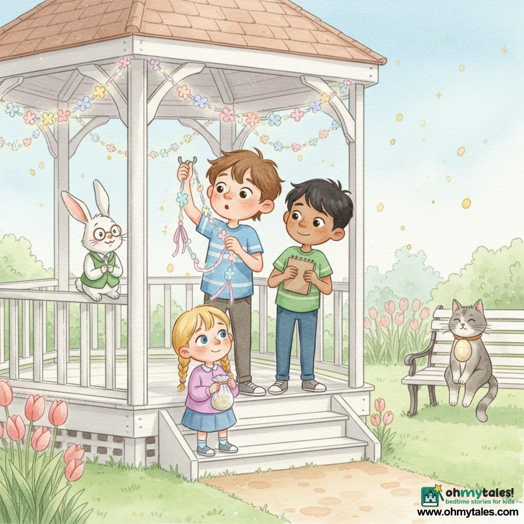The main character is a 12-year-old boy with a round freckled face and messy brown hair, eyes filled with wonder as he carefully hangs a glowing pastel garland on the white wooden gazebo; his 7-year-old sister with blonde pigtails and a shy smile holds a pouch of sparkling powder at the bottom of the steps, a friend of about 12 with tan skin and short black hair points to the garland while holding a notebook, a white rabbit in a green vest and tiny glasses perches on the gazebo edge watching like a sage, and a gray cat named Whiskers with an egg-shaped collar lounges on a nearby bench; the spring park has green grass, tulips, pastel ribbons, and a soft morning watercolor sky as golden sparks fall like slow snow and the group stands together, moved and grateful.