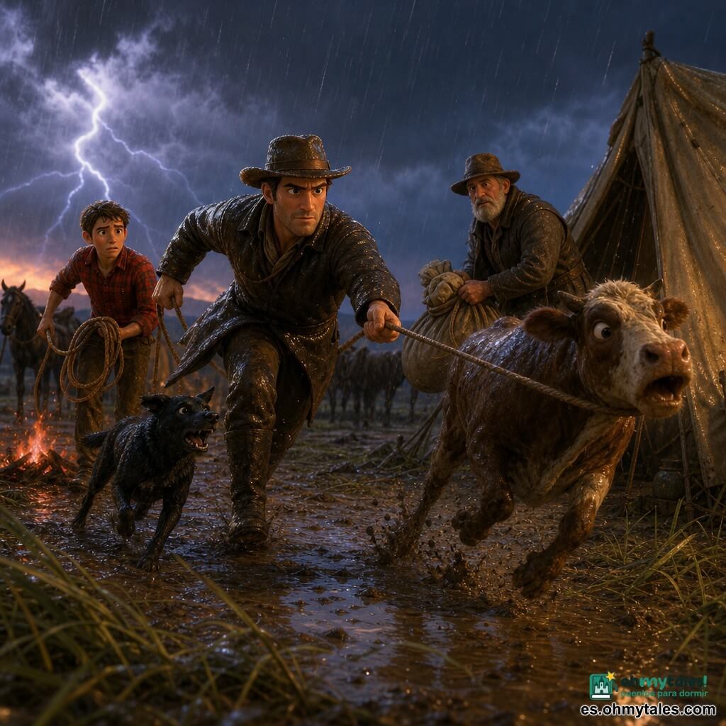 Hombre adulto (Tomás) con rostro decidido y embarrado, sombrero marrón empapado y chaqueta de cuero pegada por la lluvia, corre sujetando una cuerda para alcanzar una vaca asustada; joven de unos 20 años (Roberto) con expresión preocupada pero valiente, pelo corto mojado y camisa roja a cuadros, sostiene un lazo medio desplegado junto a un fuego casi apagado a pocos pasos; hombre mayor (José) de unos 60 años, barbudo y arrugado, vestido con un abrigo raído, ayuda con sacos y cuerdas cerca de las tiendas enlodadas; perro negro (Sombra) brillante y mojado, alerta, ladra y corre entre Tomás y Roberto para guiar al ganado; escenario: campamento de rancho al crepúsculo bajo tormenta, suelo lodoso con charcos reflectantes, tiendas empapadas, fuego rojizo casi apagado, siluetas de caballos y hierba aplastada por el viento; situación: carrera bajo la lluvia para salvar una vaca, movimientos dinámicos, gotas brillantes, relámpagos lejanos, atmósfera tensa pero solidaria.