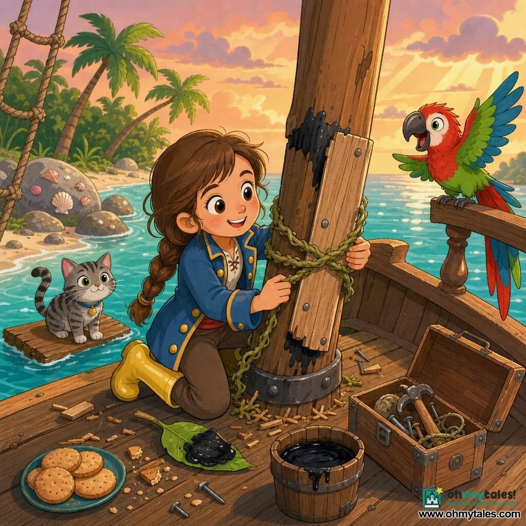A smiling determined pirate woman, Mira, with brown braided hair, shiny yellow boots and a blue jacket with gold buttons, kneels on the wooden deck of the Sunny Shell tying a thick vine rope to a broken mast while applying black sap like tar with a small leaf, nailing a plank and tying knots; a colorful parrot, Pip, with bright green and red feathers perches on the ship's right rail with its beak open as if speaking, a grey tabby cabin cat, Jojo, sits on a nearby floating plank watching curiously, and the scene is set in a calm sandy cove at dusk with turquoise water, leaning palms, shell-covered rocks and golden rays, wood splinters and an open toolbox nearby.