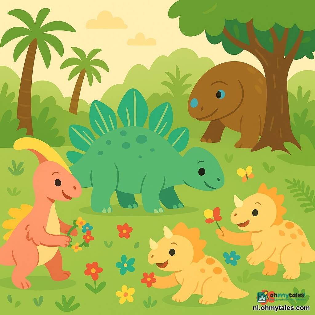 Stegi, een vriendelijke glimlachende stegosaurus met lichtgroene platen gestreept met turkoois, loopt naar een bloeiend open plekje; Pippa, een kleine levendige parasaurolophus in pastelkleuren, springt links met een bloemenkroontje; Taro, een brede kalme ankylosaurus met een blauwe steen in het voorhoofd, staat achter als beschermende wachter; drie speelse triceratopsjes maken rechts bloemenkronen en wisselen bloemblaadjes; de lichte moscirkel is bezaaid met bloemen en vlinders en omringd door palmen en varens — een warme, gezamenlijke speelscène.