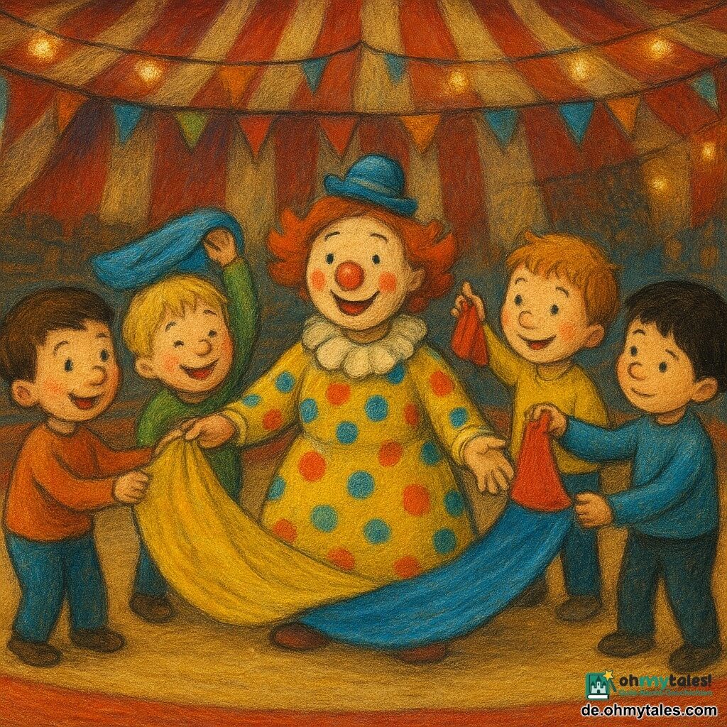Vier Kinder: Tom (4) links, kurze braune Haare, rundes Näschen, großes Lächeln, reicht ein großes glänzend gelbes Tuch zur Clownin; Ben (3) links-mitten, zerzauste blonde Haare, gerötete Wangen, zieht ein blaues Tuch von seinem Kopf, lacht; Olli (3) rechts-mitten, hellbraune Haare, Sommersprossen, schwenkt ein kleines rotes Tuch freudig; Fips (4) rechts, glattes schwarzes Haar, konzentriert, hält eine Ecke des blauen Tuchs schützend. Nicht-menschliche Figur: eine weibliche Clownin (30–35), kniend in der Mitte, bunte gepunktete Kleidung, runde rote Nase, sanzes Make-up, Arme geöffnet zum Empfangen der Tücher. Ort: Innenraum eines großen Zirkuszelts von vorn, heller Holzboden der Arena mit breitem roten Rand, unscharfe Tribünen im Hintergrund, rot-weiß gestreiftes Zeltdach mit bunten Wimpeln und warmen Lichtern, angedeuteter Popcorngeruch, pastellige Texturdetails. Hauptsituation: Die vier Jungen geben der Clownin bunte Tücher; Gelb und Blau schweben leicht im Wind, der das Zelttuch hebt; fröhliche, geborgene Atmosphäre, Ausdruck von Helfen und Stolz.