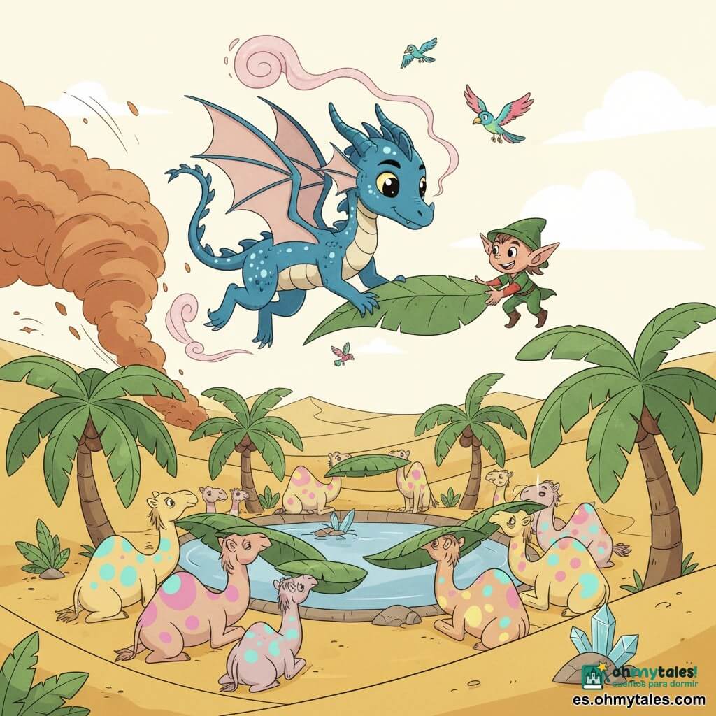 Un joven dragón llamado Draco, de escamas azul océano con reflejos plateados y ojos luminosos, vuela con las alas semiabiertas sobre un oasis mientras ayuda a colocar grandes hojas protectoras; Lilo, un pequeño duende de piel clara y sombrero verde en una duna a la derecha, le pasa una hoja gigante; un grupo de camellos coloridos (manchas rosas, amarillas y turquesa) apilan hojas alrededor del oasis mientras aves exóticas revolotean; el oasis circular de agua en espejo está rodeado de palmeras de troncos retorcidos y enormes hojas, con cristales en las rocas cercanas, en un desierto de dunas doradas bajo un cielo crema, y una tormenta de arena naranja oscuro se aproxima por la izquierda, con todos trabajando en equipo con esfuerzo alegre para proteger el oasis.
