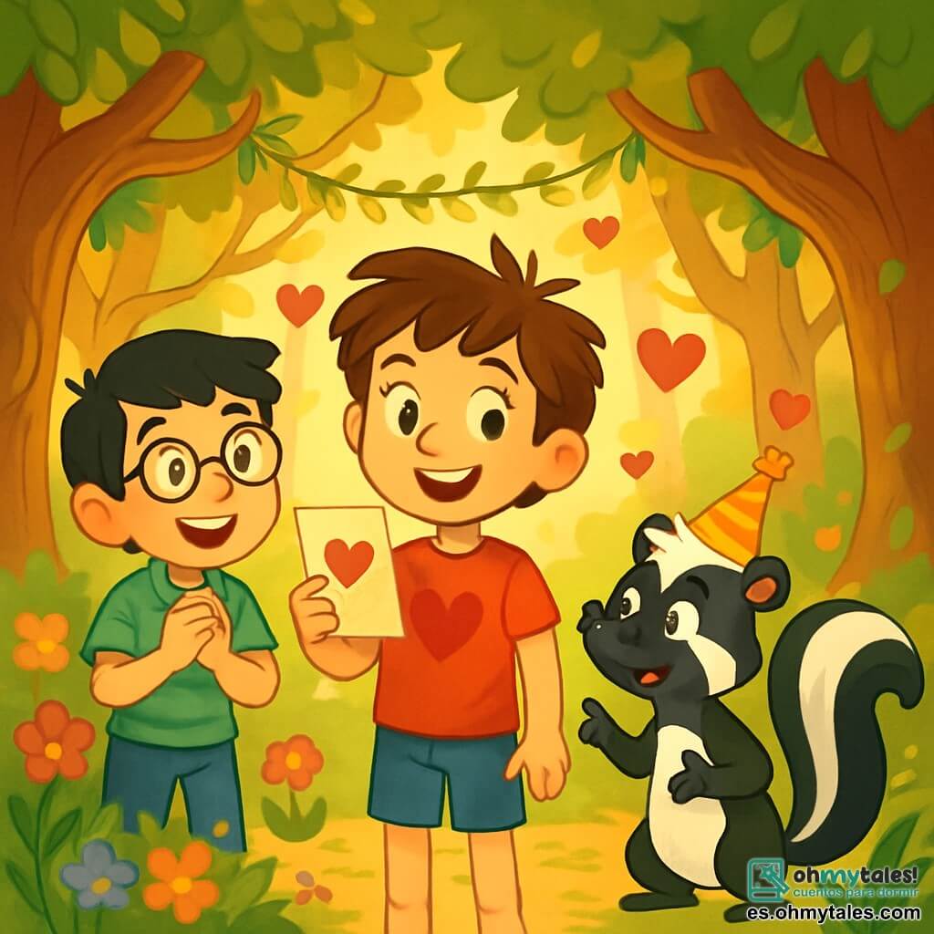 Hay 3 personajes: - Valentín: un niño de 11 años con cabello castaño desordenado y ojos llenos de curiosidad. Lleva una camiseta roja con un corazón dibujado y un pantalón corto azul. Está en el centro, sonriendo y sosteniendo una tarjeta de invitación. - Roberto: un niño de 11 años con cabello negro y gafas redondas. Lleva una camisa a rayas verdes y jeans. Está a la izquierda de Valentín, mirando con entusiasmo los preparativos de la fiesta. - Pipo: una mofeta parlante con pelaje negro y blanco brillante, ojos traviesos y un pequeño sombrero de fiesta. Está a la derecha de Valentín, gesticulando con una pata para mostrar el camino hacia el claro. El lugar es un claro encantador del Bosque Encantado, rodeado de grandes árboles con troncos retorcidos y hojas vibrantes de colores verdes y dorados. Flores multicolores bailan suavemente al viento, y guirnaldas de hojas brillantes cuelgan entre las ramas. La luz del sol se filtra a través del follaje, creando una atmósfera mágica y cálida. La situación principal muestra a Valentín y Roberto, rodeados de sus amigos, celebrando el Día de San Valentín en el claro. Ríen, bailan y comparten dulces coloridos, mientras Pipo, la mofeta, toca música con un viejo tambor. Corazones de papel flotan en el aire, añadiendo un toque de magia a esta alegre fiesta de amistad.