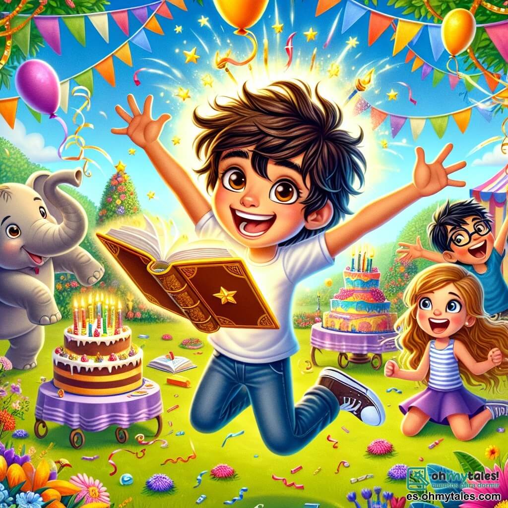 Un niño de 10 años, Tomás, con cabello castaño alborotado y ojos brillantes de alegría, se encuentra en el centro de un jardín colorido, rodeado de globos y guirnaldas. Sonríe ampliamente, sosteniendo un libro dorado que brilla en sus manos, su rostro iluminado por la emoción de su cumpleaños. A su derecha, una niña de 9 años, Carla, con cabello largo y rubio trenzado, salta de alegría, con los brazos levantados hacia el cielo, llena de energía y felicidad. A su izquierda, un niño de 10 años, Juan, con gafas y cabello negro, ríe mientras intenta atrapar la cola de un elefante colorido que danza alrededor de ellos. El jardín está lleno de flores brillantes, decoraciones festivas y un gran pastel de chocolate sobre una mesa, mientras un elefante sonriente, Épico, vestido con un sombrero de fiesta, se encuentra en el fondo, añadiendo un toque de magia a la escena. La situación principal muestra a Tomás y sus amigos celebrando su cumpleaños, rodeados de risas y alegría, mientras descubren la magia del libro dorado que los transporta a un mundo de aventuras.