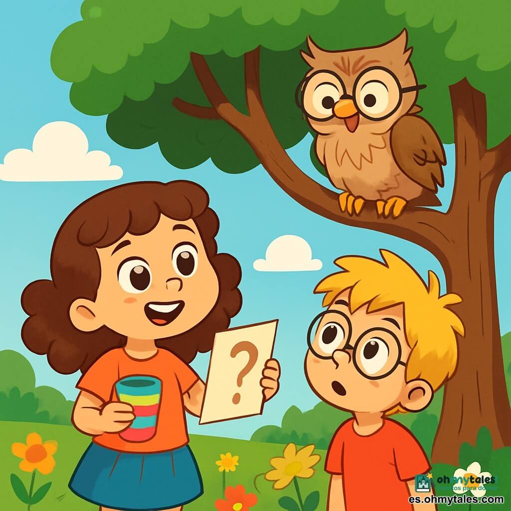 Una niña de 6 años, Lucía, con grandes ojos brillantes y cabello rizado castaño, está bajo un gran árbol. Sonríe con asombro, sosteniendo un vaso colorido en una mano y una nota misteriosa en la otra. Junto a ella, su amigo Tomás, un niño de 6 años con cabello rubio desordenado y gafas redondas, observa al sabio búho con curiosidad. El búho, posado en una rama, tiene grandes ojos redondos y gafas, con plumaje marrón y plumas desordenadas, mostrando una sonrisa traviesa. La escena tiene lugar en un parque soleado, lleno de flores coloridas y hierba verde, con un cielo azul salpicado de nubes esponjosas. Al centro, el gran árbol majestuoso, con ramas extendidas, crea una sombra acogedora. Lucía y Tomás, intrigados, intentan resolver el enigma del búho, rodeados de una atmósfera alegre y lúdica, llena de magia y aventura.