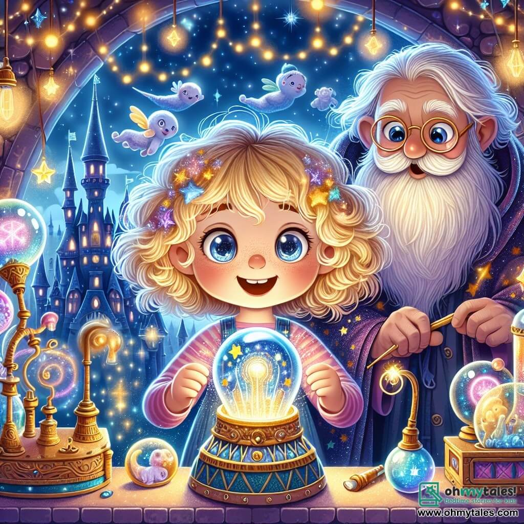 A 6-year-old girl, Elara, with curly golden hair and large, curious eyes, stands at the center of the image, holding a sparkling gadget in her hands, her face radiating joy and wonder. Beside her, a wise old wizard, Wizard Wizzle, with a long white beard and a starry robe, watches Elara with a benevolent smile, his eyes sparkling with pride. In the background, a majestic castle with shimmering towers rises under a starry sky, surrounded by glowing clouds and flying creatures. The scene takes place in a magical room of the castle, filled with colorful lights and fascinating gadgets, where the air is charged with a sense of wonder. Elara, excited, has just discovered the Magic Transformer, a shining gadget that has the power to transform objects, and she is about to use it to create something wonderful.