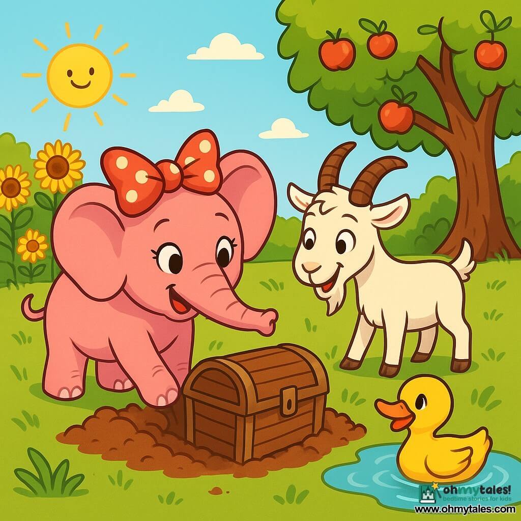 A small, cheerful pink elephant with a big polka-dot bow on its trunk smiles with sparkling eyes of excitement. It digs into the ground with its trunk, uncovering an old wooden chest. Next to it, a mischievous goat named Benny, with white fur and curved horns, watches with a knowing smile, ready to help. A yellow duck named Daisy happily swims in a nearby puddle, looking on with curiosity. In the background, a field of golden sunflowers dances under the sun, and a sturdy old apple tree laden with fruit stands proudly. The scene depicts the elephant and its friends on a treasure hunt, surrounded by laughter and a joyful adventurous atmosphere.