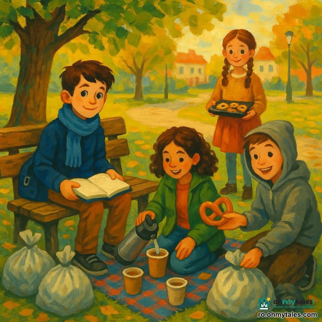Neri, băiat de circa 12 ani cu față fină și ochi luminoși, poartă o eșarfă albastră și un rucsac mic, zâmbește șters și ține un carnet deschis; Mara, fată de 12 ani cu păr creț brun și geacă verde, toarnă ceai dintr-un termos în pahare de carton; Vlad, băiat de 12 ani în hanorac gri, întinde un covrig cald prietenilor; Daria, fată timidă cu șuvițe împletite, ține un platou cu prăjituri de casă și stă puțin retrasă; se află într-un parc de cartier acoperit de frunze galbene, cu o alee de pietriș, un tei mare care aruncă o umbră blândă și câteva bănci uzate, iar copiii, după o dimineață de curățenie, împart un picnic simplu pe o pătură, înconjurați de saci cu deșeuri strânse, schimbând râsete și gesturi de prietenie, în lumina aurie a dimineții.