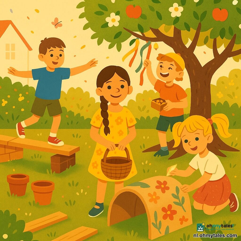 Vier kinderen van 8 jaar in een lente tuin: Noor, bruin haar in vlecht, gele bloemenjurk, met een rieten mand vooraan bij een grote appelboom, leidt de groep; Sam, kort kastanjebruin haar, blauw T‑shirt en kaki short, balanceert op een plank op een muurtje links van Noor; Lina, blond met staartjes, roze glinsterende rok en kleine verenmand, knielt rechts van Noor en versiert een kartonnen bloemen‑tunnel; Bram, rood krullend haar, felgele pet en doosje belletjes, hangt kleurrijke linten aan een tak achter Noor en lacht. Tuin bij een huis, groene grasmat, zichtbare boomwortels, bloeiende hagen, potten en geschilderde kartons; zachte namiddaglicht, lange schaduwen. De kinderen maken een hindernisbaan voor een paaseierenjacht met gespannen linten, kartonnen tunnel, klingelende tak en plank‑brug; vrolijke beweging, gelach en rondfladderende bloemblaadjes en vlinderwings.
