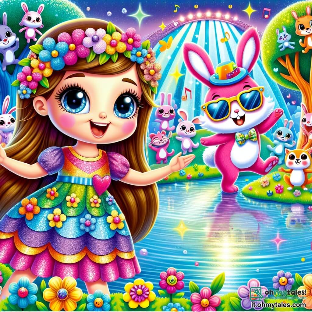 Una ragazza di 10 anni, di nome Sofia, con lunghi capelli castani e occhi pieni di curiosità, si trova al centro dell'immagine. Indossa un vestito colorato decorato con fiori e mostra un grande sorriso, incantata dal mondo magico che la circonda. Accanto a lei, un coniglio rosa di nome Bobo, con occhiali da sole e un cappello divertente, salta allegramente, aggiungendo un tocco di follia alla scena. Sullo sfondo, un lago scintillante riflette il cielo blu, circondato da alberi dai tronchi multicolori e fiori cantanti. La scena principale mostra Sofia e Bobo che ballano e ridono insieme, circondati da creature fantastiche, come gatti danzanti e un pesce gigante che prepara una zuppa di sorrisi, creando un'atmosfera gioiosa e ludica.
