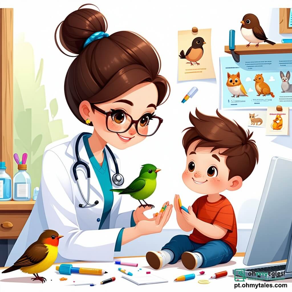 Uma veterinária, uma mulher de cerca de trinta anos, com cabelos castanhos presos em um coque, sorridente e gentil, examina delicadamente um pequeno pássaro ferido. Ela usa um jaleco branco e óculos, demonstrando seu seriedade e amor pelos animais. Ao seu lado, um menino de 8 anos, com cabelos castanhos bagunçados e olhos brilhantes de curiosidade, segura o pequeno pássaro com cuidado, olhando para a veterinária com admiração. A cena ocorre em uma clínica veterinária iluminada, cheia de brinquedos para animais, pôsteres coloridos sobre cuidados com os animais e uma grande janela que deixa entrar a luz do sol. Em uma mesa, instrumentos médicos estão organizados, e um grande cartaz com dicas para cuidados com os animais está pendurado na parede. A situação principal mostra a veterinária enfaixando a asa do pequeno pássaro, enquanto o menino a encoraja com um sorriso, criando uma atmosfera de compaixão e esperança.
