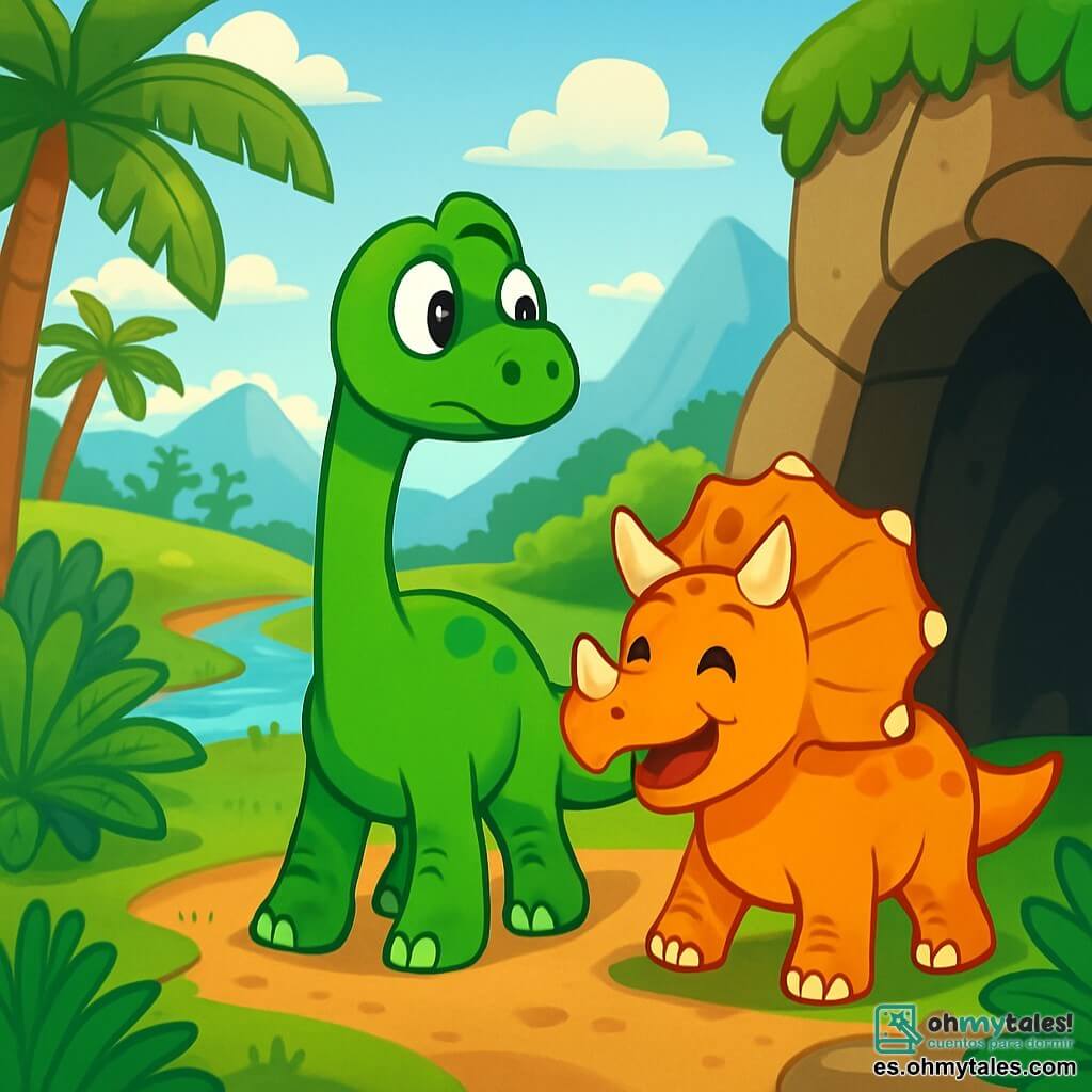 Un joven diplodocus llamado Dino, con una piel verde brillante y largas patas, se encuentra en el centro de la imagen, sus grandes ojos redondos brillando de emoción y aprensión. Observa a su alrededor con curiosidad, su larga cola ondulando detrás de él. A su lado está Trixie, un triceratops de escamas naranja brillante, con tres cuernos afilados en su cabeza, que sonríe alegremente. Se mantiene orgullosa, lista para explorar, y parece animar a Dino a avanzar. El escenario es un amplio valle prehistórico, lleno de gigantescos árboles de hojas exuberantes, helechos gigantes y un cielo azul claro salpicado de nubes blancas esponjosas. A lo lejos, un arroyo brilla bajo el sol, y montañas majestuosas se alzan en el horizonte. La situación principal muestra a Dino y Trixie al borde del arroyo, dudando entre explorar la cueva oscura a su derecha o unirse a un grupo de dinosaurios alegres que juegan en la colina a la izquierda. La imagen captura el espíritu de aventura y descubrimiento, con un ambiente amistoso y lleno de promesas.