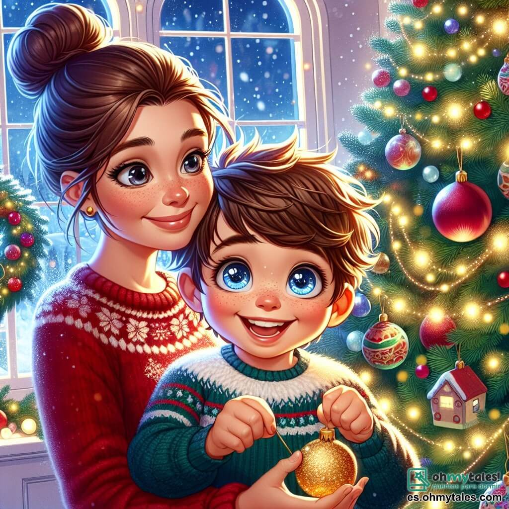 Un niño pequeño de 5 años, Lucas, con cabello castaño despeinado y ojos brillantes de alegría, se encuentra frente a un gran árbol de Navidad decorado con guirnaldas brillantes y bolas de colores. Sonríe ampliamente, con las mejillas sonrojadas por la emoción, sosteniendo una bola dorada en sus pequeñas manos. A su lado, su mamá, una mujer de unos treinta años con cabello castaño recogido en un moño, lleva un suéter rojo festivo. Ella sonríe tiernamente a Lucas mientras sostiene una guirnalda luminosa, lista para colgarla en el árbol. El lugar es una sala cálida, llena de luces suaves y decoraciones navideñas. Copos de nieve caen suavemente afuera a través de la ventana, creando un ambiente mágico. La escena principal muestra a Lucas y su mamá decorando juntos el árbol de Navidad, llenos de felicidad y amor, ilustrando la magia de la preparación de las fiestas.