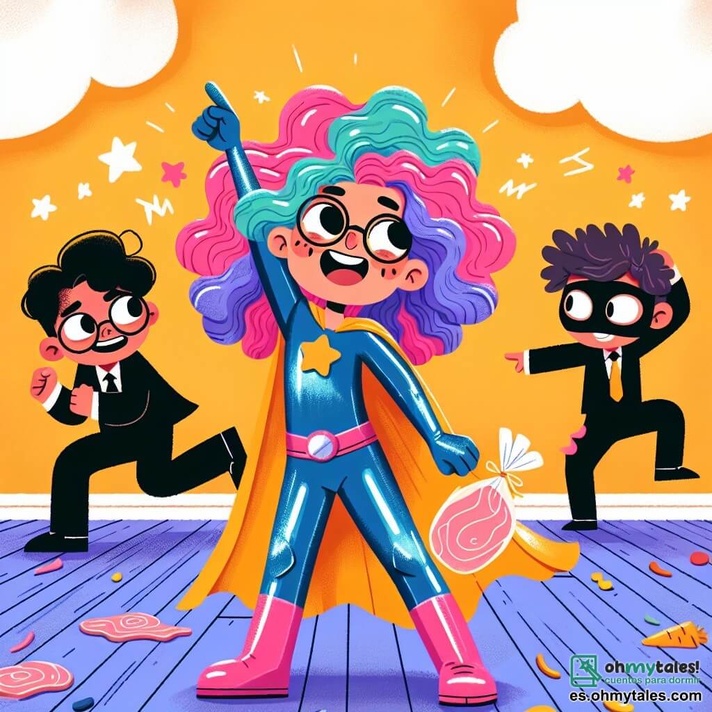 Lila, una superheroína alegre, es una joven con cabello rizado y colorido, vestida con un traje brillante en azul y rosa, con una capa ondeante. Sonríe ampliamente, levantando una mano al aire mientras sostiene una pata de jamón con la otra, en una pose dinámica y divertida. A su lado, un villano torpe, un niño de unos 10 años con gafas y un traje negro demasiado grande, intenta bailar, pero se ve confundido y gracioso. Otra villana, una niña de 9 años con cabello desordenado y una máscara en la cara, se ríe mientras trata de seguir el ritmo. La escena tiene lugar en una escuela de superhéroes colorida, con paredes pintadas de amarillo brillante, estrellas y rayos dibujados por todas partes, y un aula grande llena de escritorios en forma de nube. Lila y los villanos bailan juntos, transformando una situación de miedo en una gran fiesta, con burbujas de alegría flotando a su alrededor.