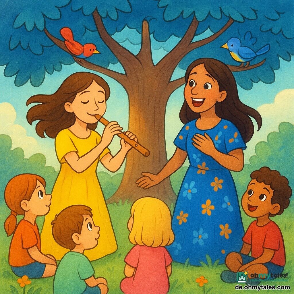 Eine junge Frau, Lina, spielt mit einem gelassenen Lächeln Flöte, während ihr braunes Haar sanft im Wind weht. Sie trägt ein leuchtend gelbes Kleid, das das Sonnenlicht einfängt. Neben ihr singt Amara, eine Frau in den Dreißigern, leidenschaftlich mit strahlenden Augen, gekleidet in ein blaues Kleid mit Blumenmustern. Um sie herum sitzen Kinder verschiedenen Alters im Gras und hören aufmerksam zu, einige mit weit aufgerissenen Augen, andere mit staunenden Lächeln. Im Hintergrund steht ein großer Baum mit blauen Blättern, unter dem sich die Szene abspielt, mit bunten Vögeln, die auf seinen Ästen sitzen. Die Hauptszene zeigt Lina und Amara in Harmonie, umgeben von der Natur und einem aufmerksamen Publikum, was eine Atmosphäre von musikalischer Magie und Teilen schafft.