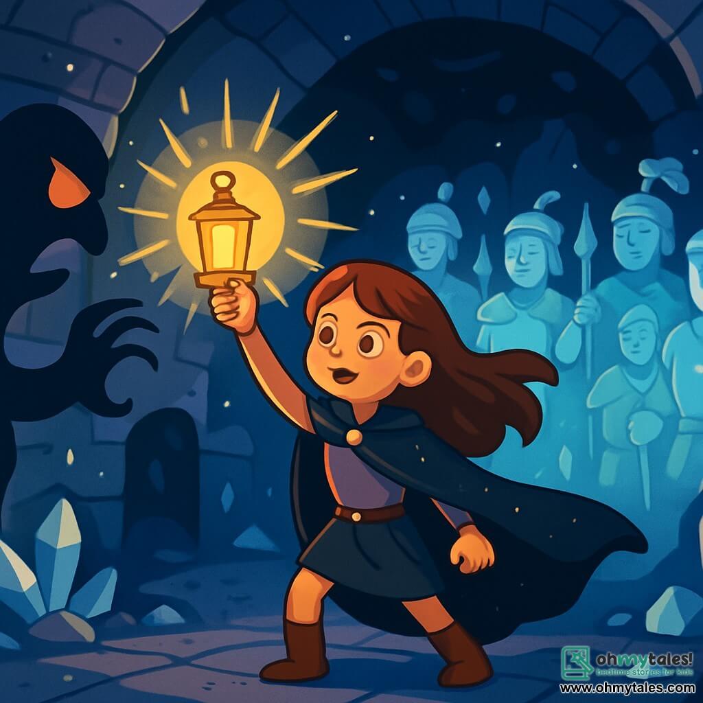 A young woman named Lira, around 18 years old, stands bravely at the center of the stage. She wears a shimmering black cloak, her brown hair flowing around her, and her face expresses bright determination. She holds high a golden lamp that shines intensely, illuminating her surroundings. Beside her, an army of ethereal silhouettes, ghostly warriors in shining armor, floats in the air, their faces serene and confident. The setting is a mysterious underground city, with black stone walls adorned with silver crystals that sparkle in the lamp's light. Shadows dance around them, creating a magical yet unsettling atmosphere. The main scene shows Lira confronting a dark, threatening figure, a being made of shadows, attempting to intimidate her. The rays of light from Lira's lamp push back the darkness, symbolizing her courage and strength.