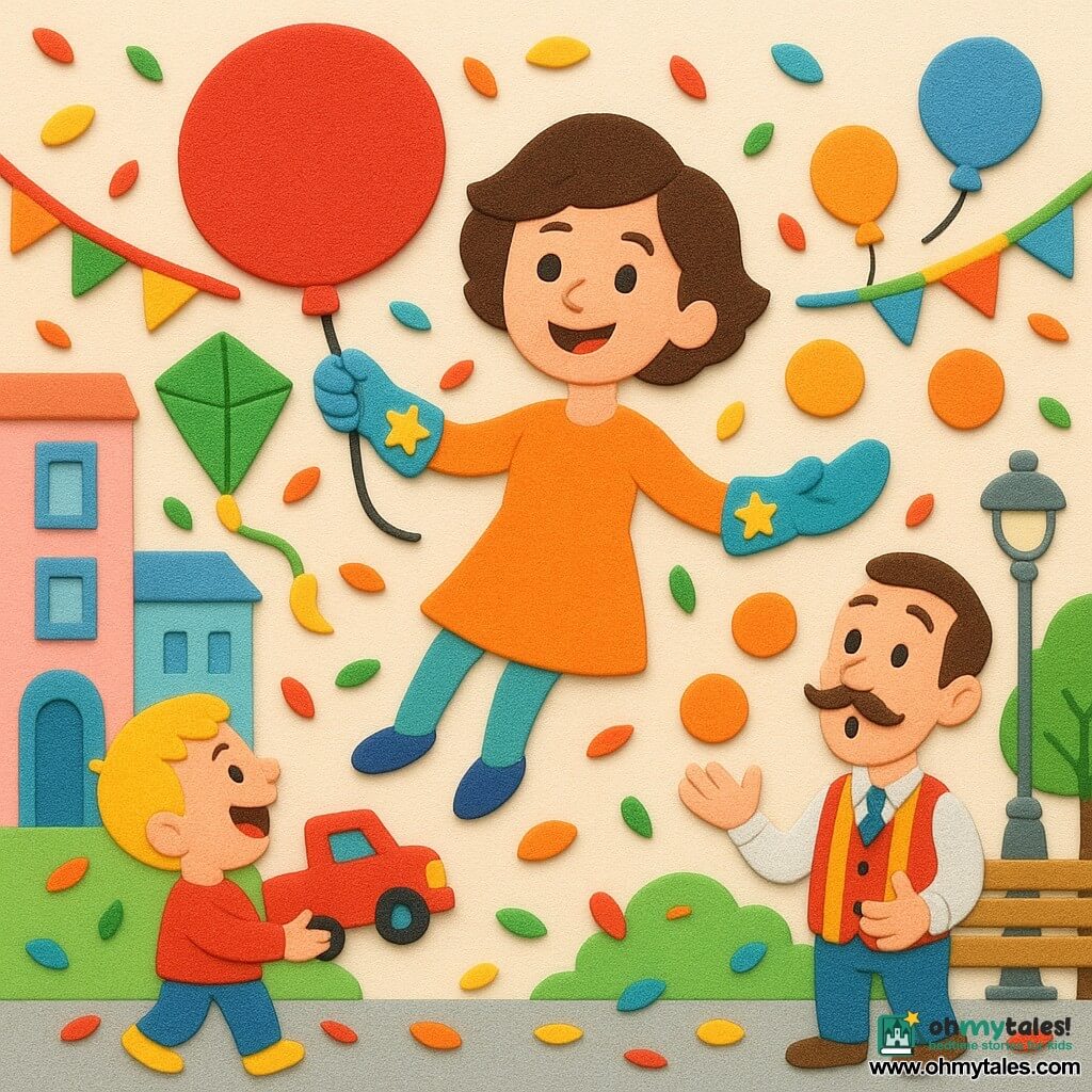 A mischievous smiling young woman with short brown hair floats, attached to a large red balloon, wearing shiny blue-green star-decorated gloves with small objects stuck to them; a ~6-year-old blond boy on the sidewalk left laughs holding a small red truck, and behind her a ~30-year-old mustached juggler in a striped vest looks surprised as colored oranges float around him; the scene is a colorful urban park street with pastel facades, wooden benches, round lampposts, falling confetti leaves, balloons and garlands; main action: a comic moment where the glove-wearing superheroine gently reels in a truck, a hat and a kite chained to her gloves — everything exaggerated, round, colorful, with soft shadows and thick outlines like EVA foam stickers.