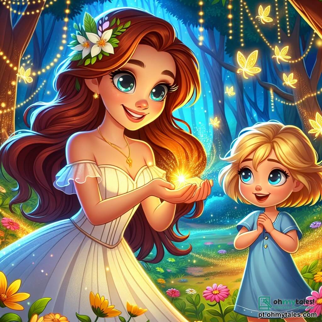 Uma jovem chamada Mariana, com longos cabelos ondulados cor castanho, usa um vestido feito de pétalas de flores brancas e amarelas. Seu rosto irradia felicidade e determinação, enquanto segura delicadamente uma pequena luz dourada nas mãos, iluminando seu sorriso radiante. Ao lado dela, uma menina de cabelos loiros e olhos brilhantes, com cerca de 7 anos, observa a luz com admiração. Ela veste um vestido simples de algodão azul e parece curiosa e um pouco tímida. O cenário é o Bosque das Luzes Dançantes, um lugar encantador cheio de árvores majestosas com folhas cintilantes, flores coloridas e pequenas fadas que voam ao redor, deixando rastros de poeira de estrelas. A cena principal mostra Mariana pronta para compartilhar sua magia com a menina, oferecendo a luz dourada para ajudá-la a superar o medo do escuro. A atmosfera é alegre e cheia de esperança, com faíscas de luz dançando ao redor delas.