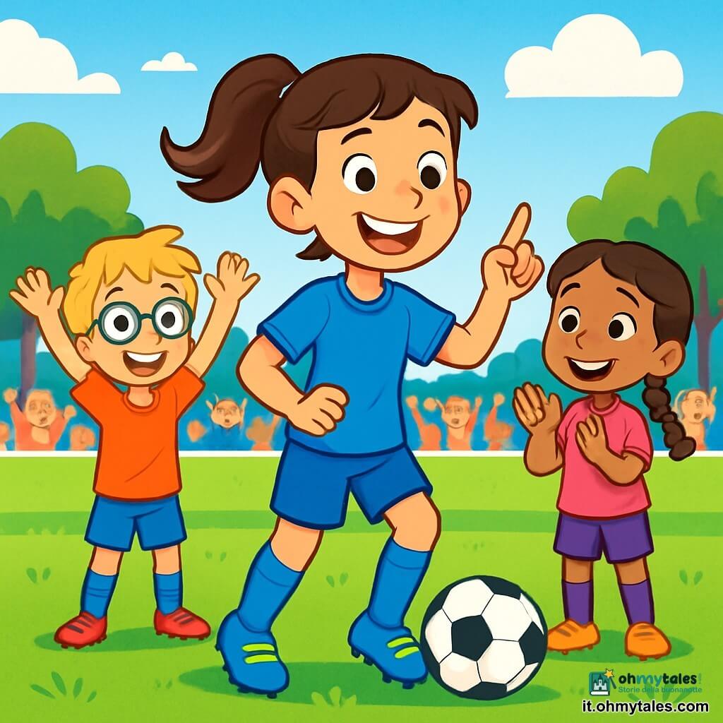 Una giovane donna, Marta, è al centro dell'immagine, con i capelli castani raccolti in una coda di cavallo e un grande sorriso che irradia fiducia. Indossa un completo da calcio blu brillante, con pantaloni corti e scarpe sportive vivaci. I suoi occhi brillano di eccitazione mentre incoraggia le sue compagne di squadra con gesti entusiastici. Accanto a lei, un ragazzo di 10 anni, con occhiali e capelli biondi in disordine, alza le braccia in segno di gioia, pronto a ricevere la palla. Un'altra persona, una ragazza di 9 anni con trecce e una maglietta rosa, applaude sorridendo, mostrando il suo sostegno a Marta. La scena si svolge su un campo da calcio verdeggiante, circondato da spettatori entusiasti, con alberi sullo sfondo e un cielo blu punteggiato di nuvole bianche. Marta sta tenendo un discorso ispiratore alla sua squadra prima dell'inizio della partita, trasmettendo la sua energia positiva e la sua passione per il gioco, mentre le sue compagne l'ascoltano attentamente, pronte a scendere in campo.
