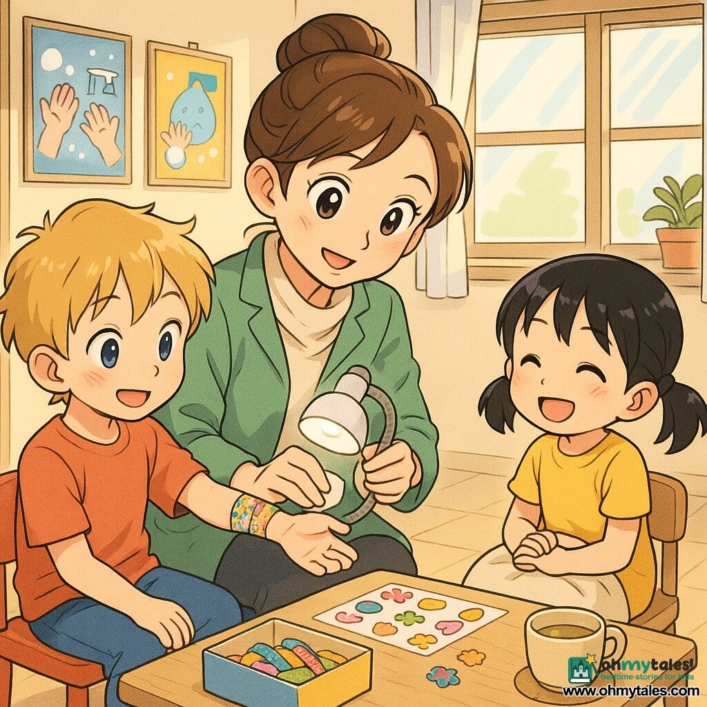 A gentle smiling female doctor with brown hair in a bun, wearing a green medical jacket and light scarf, holds a small blinking white lamp over a bandaged arm; Tom, about 6, blond messy hair and blue pants, sits left showing a small wound with a colorful bandage; Ana, about 5, black pigtails and a yellow dress, sits right on a stool with a beige blanket and a cup of herbal tea on a low table; the bright small clinic has cream walls, light wood shelves, large windows with white curtains, hand-washing posters, a box of multicolored bandages and a small red chair in the foreground; the doctor gently cleans Tom’s skin with cotton and applies a cute bandage while Ana watches smiling and colorful stickers sit on the table.