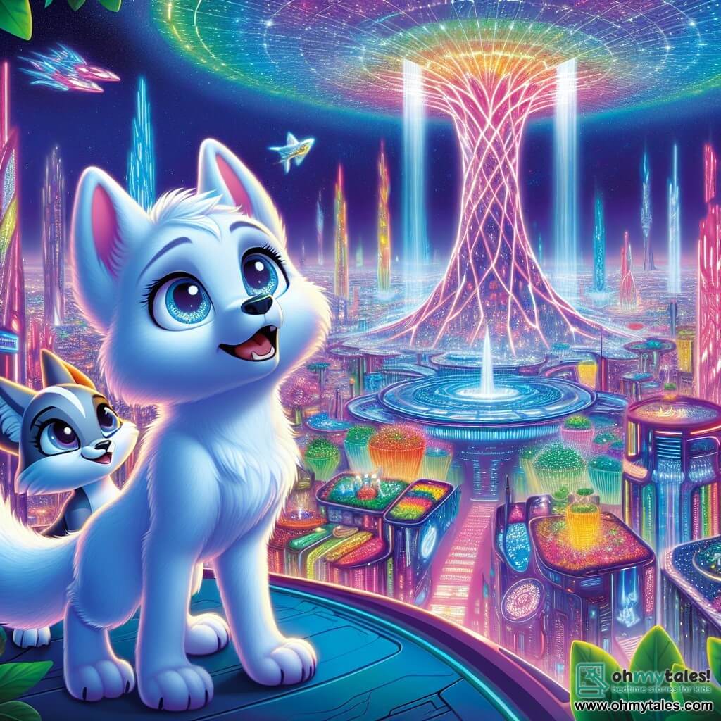 Lumina, a small wolf with bright white fur, stands atop a massive futuristic tree, the Exo-Tree. Her eyes shine with wonder and curiosity as she admires the spectacular view of the city of Neonvale, illuminated by bright lights and colorful holograms. She smiles, ears perked up, feeling a deep connection to this vibrant world. Beside her, Orion, a sleek silver fox, also gazes at the city with a joyful and conspiratorial expression. His sparkling eyes reflect his enthusiasm as he excitedly gestures towards the various futuristic buildings shimmering below. The scene is breathtaking, with skyscrapers featuring holographic facades rising into the sky, surrounded by hanging gardens and floating vehicles. Vivid colors blend in a dazzling display, creating a magical and dynamic atmosphere. The main focus shows Lumina and Orion, awed by the beauty of Neonvale, sharing a moment of friendship and discovery, ready to explore the endless possibilities this futuristic city offers.