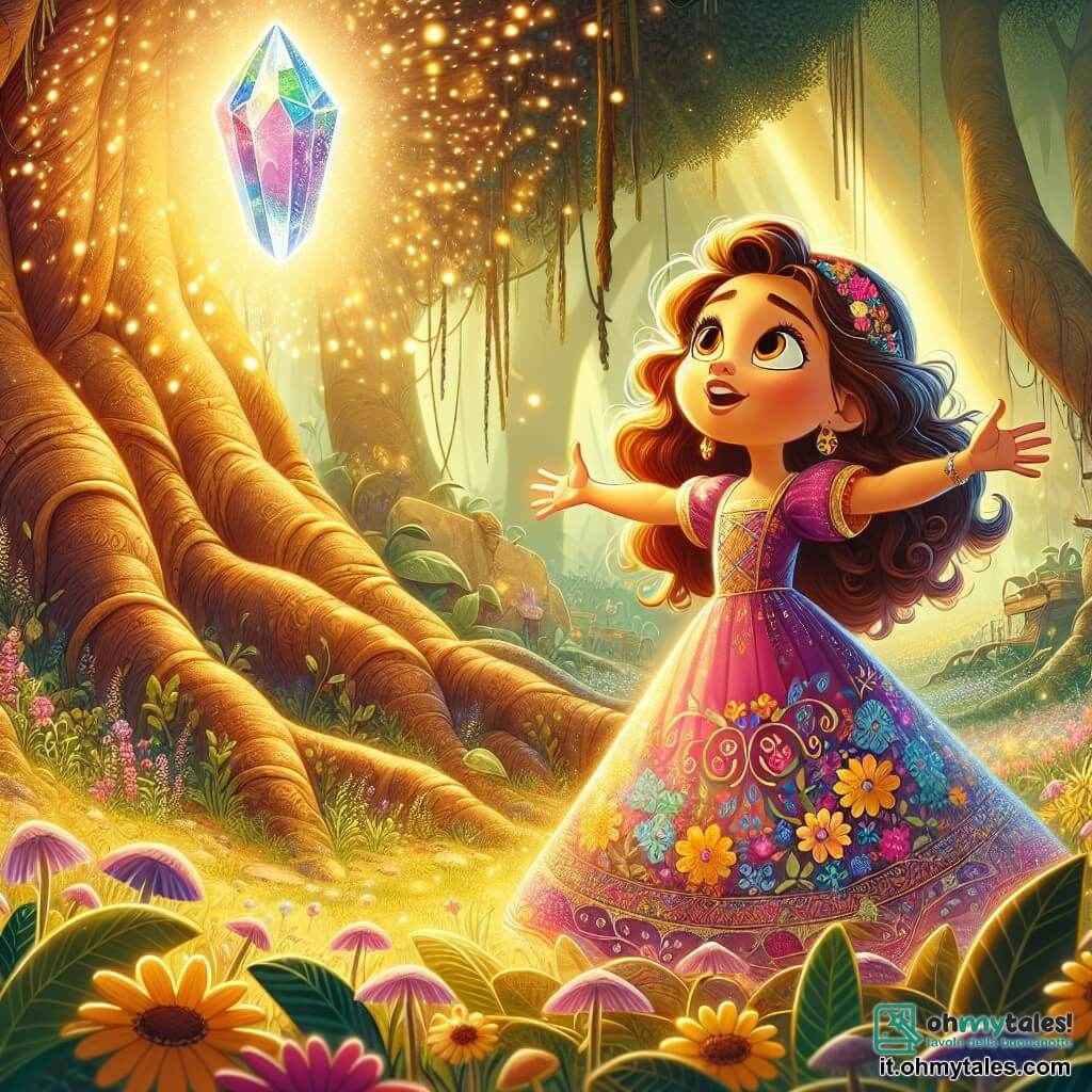 Una bambina di 6 anni, Nina, con lunghi capelli ricci e occhi scintillanti di curiosità, si trova davanti a un grande albero dalle radici nodose. Indossa un vestito colorato con motivi floreali e un sorriso meravigliato illumina il suo volto. Accanto a lei, un cristallo fluttuante, il Cristallo della Magia, brilla di mille colori, proiettando riflessi arcobaleno intorno a loro. Il luogo è un antico boschetto incantato, pieno di alberi maestosi dai tronchi spessi, fiori luminosi che sembrano cantare e una dolce luce dorata che filtra tra le foglie. Nina, con le braccia aperte, guarda con meraviglia il cristallo che fluttua davanti a lei, pronta a intraprendere un viaggio magico.