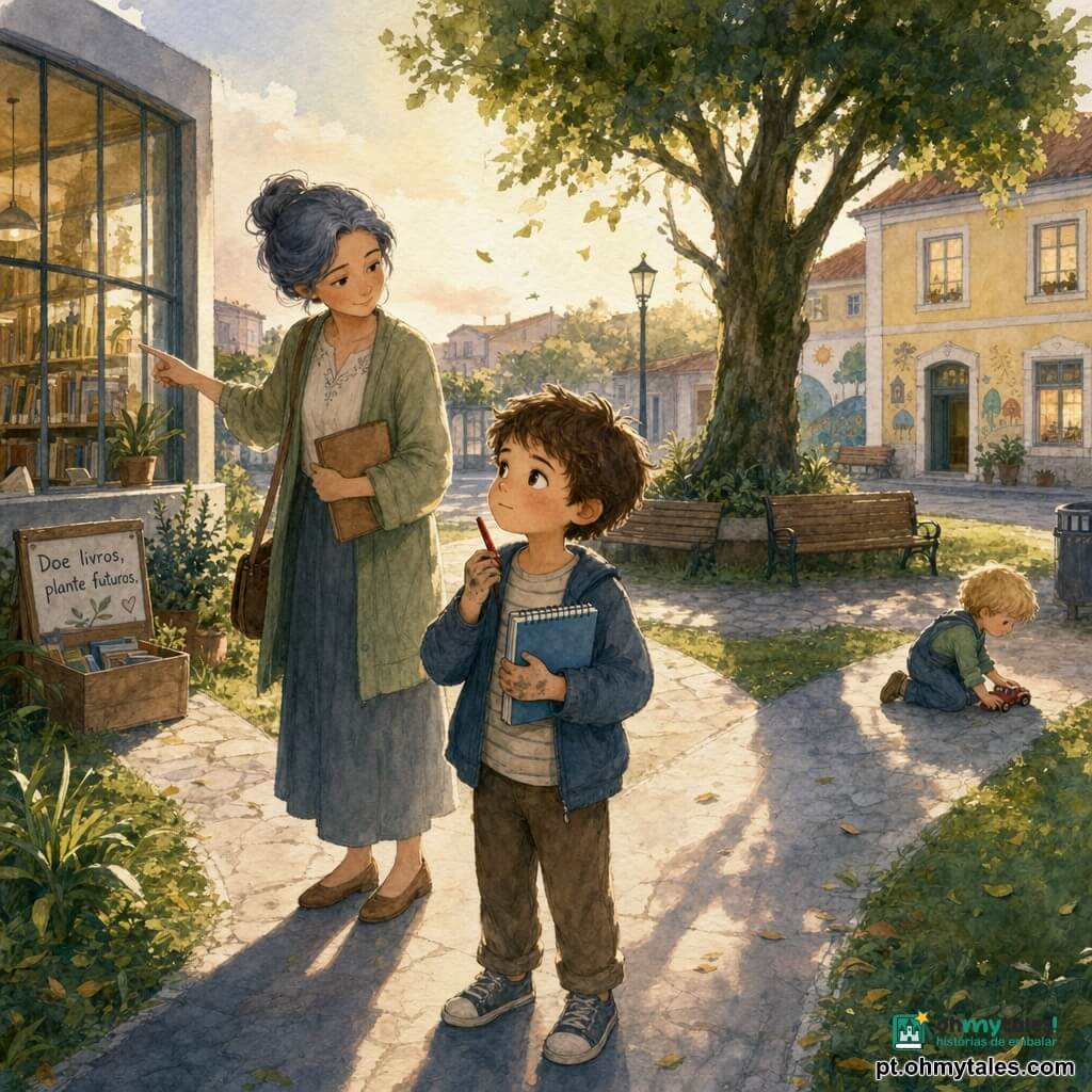 Um menino de 8 anos, Tomás, rosto redondo, cabelos castanhos bagunçados, manchas de lápis nos dedos, expressão pensativa e doce, segura um caderno azul espiral e um lápis vermelho, parado na calçada hesitando entre três caminhos (biblioteca, praça, centro de doações); a professora Lúcia, cerca de 35 anos, cabelo cinza-azulado preso em coque e sorriso calmo, aponta suavemente para a biblioteca à esquerda; o irmão de Tomás, cerca de 4 anos, cabelos loiros curtos, brinca com um carrinho vermelho perto de um banco à direita ao fundo; cenário: esquina da escola ao fim da tarde, calçada de pedra, grama verde, biblioteca de grandes vitrines à esquerda, pequena praça com bancos e um velho carvalho ao centro e um centro comunitário amarelo pálido ao fundo; atmosfera de esperança tranquila, cores em tons pastéis e textura aquarela, detalhes acolhedores como o caderno, a placa “Donations” e folhas flutuando.
