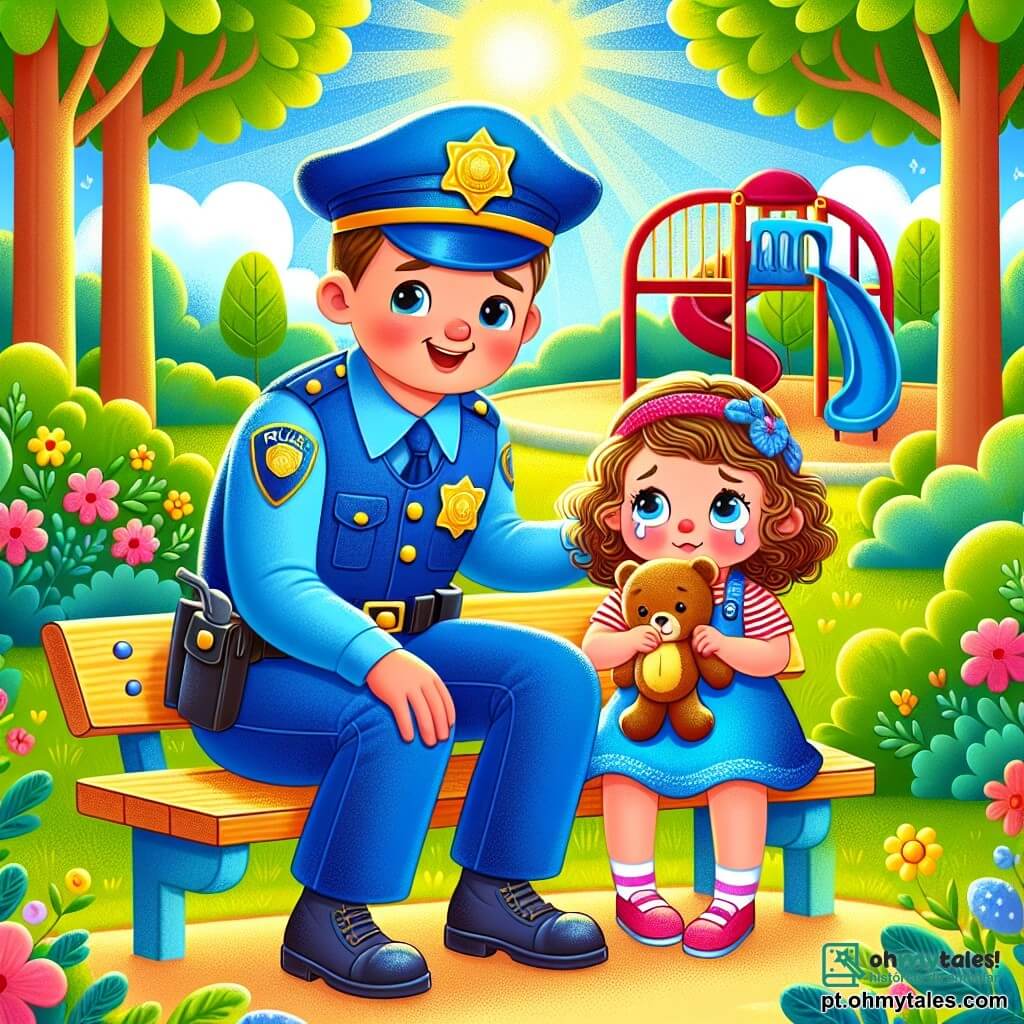 Um policial chamado João, sorridente e amigável, veste um uniforme azul brilhante e um grande chapéu combinando. Ele está de joelhos, com uma expressão determinada e bondosa no rosto, pronto para ajudar. Ao seu lado, uma menina de 5 anos, Ana, com cabelos cacheados e castanhos, chora suavemente, segurando um ursinho de pelúcia nos braços. Ela está sentada em um banco do parque, com os olhos cheios de lágrimas. O parque é ensolarado, com árvores verdes luxuriantes, flores coloridas e um escorregador vermelho brilhante ao fundo. Nesta cena, João tenta consolar Ana, prometendo ajudá-la a encontrar seu ursinho perdido, criando uma atmosfera calorosa e reconfortante.