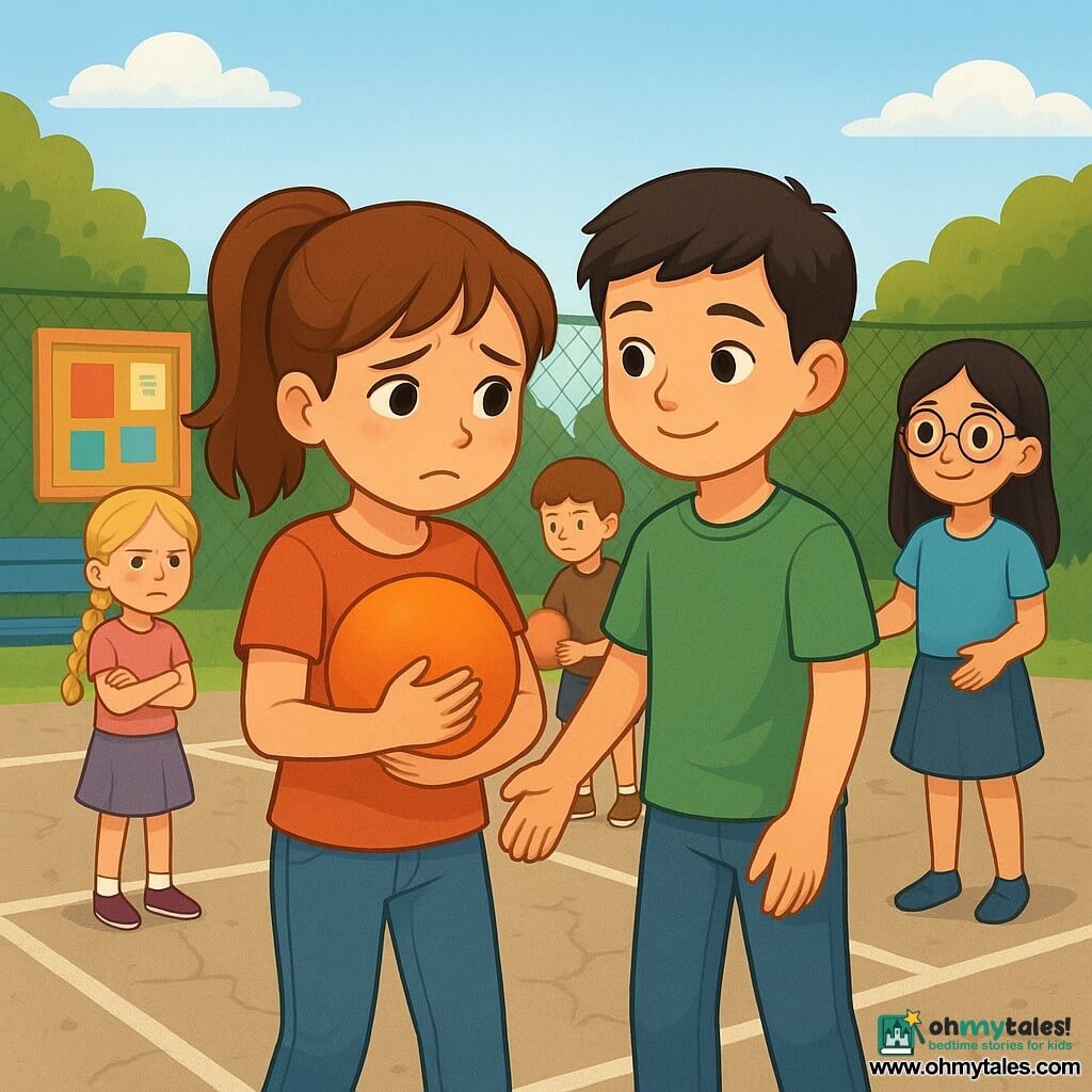 A 10-year-old girl with brown hair in a ponytail, fair skin, large slightly wet eyes, a shy but determined expression, holding an orange rubber ball to her chest as she walks toward a Four-Square play area; Ben, a 10-year-old boy with short black hair and a gentle look, stands beside her, ready to support her; Tessa, a 10-year-old girl with braided blonde hair and a scowling face, stands at the back of the Four-Square square with two other children, arms crossed and slightly turned away; Liam, a 10-year-old boy with chestnut hair and a distracted expression, holds a rubber ball and stands between Tessa and Jada looking down; Aria, a 10-year-old girl with round glasses, loose black hair and a shy smile, stands near the main girl with open hands ready to invite her to play; the scene is a sunny schoolyard with cracked concrete marked for Four-Square, a blue-painted wooden bench, a small flowerbed and a green chain-link fence, shaded benches and a colorful bulletin board; the moment shows the girl asking to join and being initially rejected, capturing the tension of exclusion (children grouped, turned away, distant looks) and the emergence of allies (Ben and Aria approaching), centered composition and warm-cool color contrasts to convey emotion.