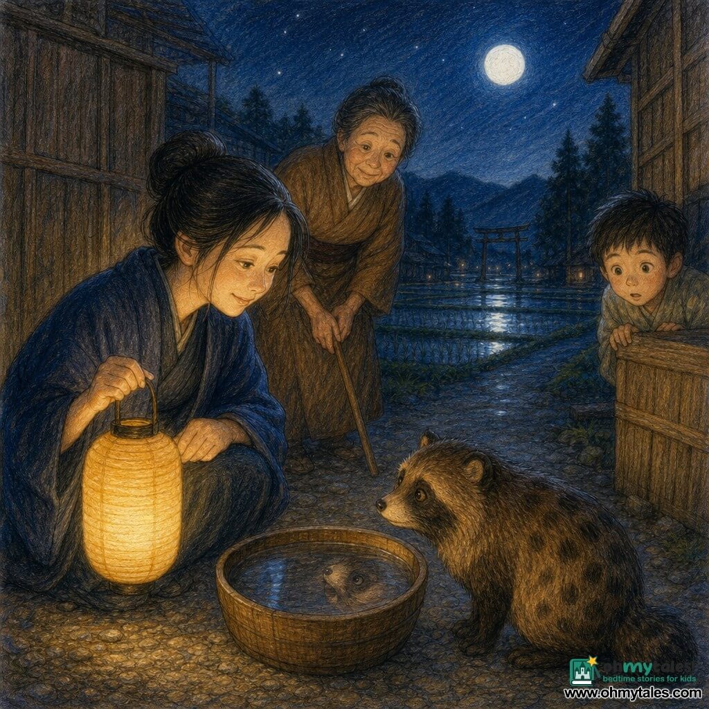 Aiko, smiling and serene in an indigo coat with her black hair in a bun, crouches by a wooden bowl of clear water holding a golden-yellow paper lantern; a brown speckled tanuki with bright eyes approaches cautiously and discovers its reflection, looking at Aiko with curiosity. The village chief, about 60 in a simple brown kimono, stands a few steps behind with a lowered staff, watching with astonishment and tenderness. A seven-year-old boy with tousled hair in a light kimono peeks from behind a wooden crate to the right, dazzled. The scene is on a gravel path between old wooden warehouses with dark rice fields, a torii and cedars silhouetted, a full moon casting silver reflections on the water; a calm night where the warm lantern glow contrasts the bluish darkness, villagers lowering their staffs, and a gentle, soothing atmosphere of understanding.